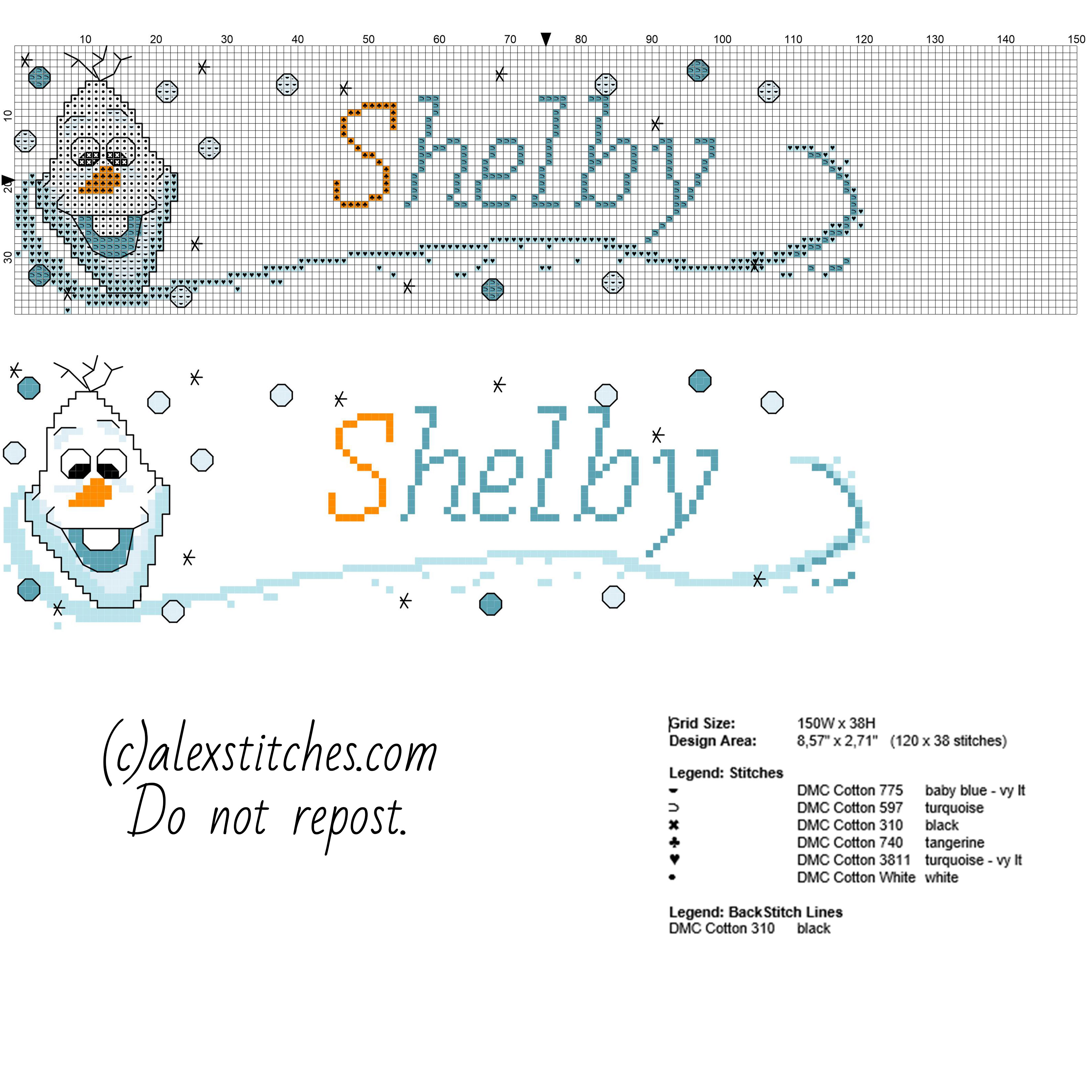 Shelby cross stitch baby name with Disney Olaf Frozen free cross stitch pattern
