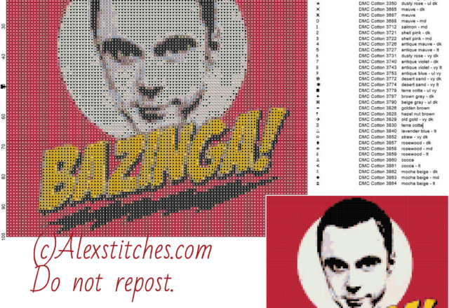 Sheldon Cooper Bazinga free cross stitch pattern 100x100 39 colors