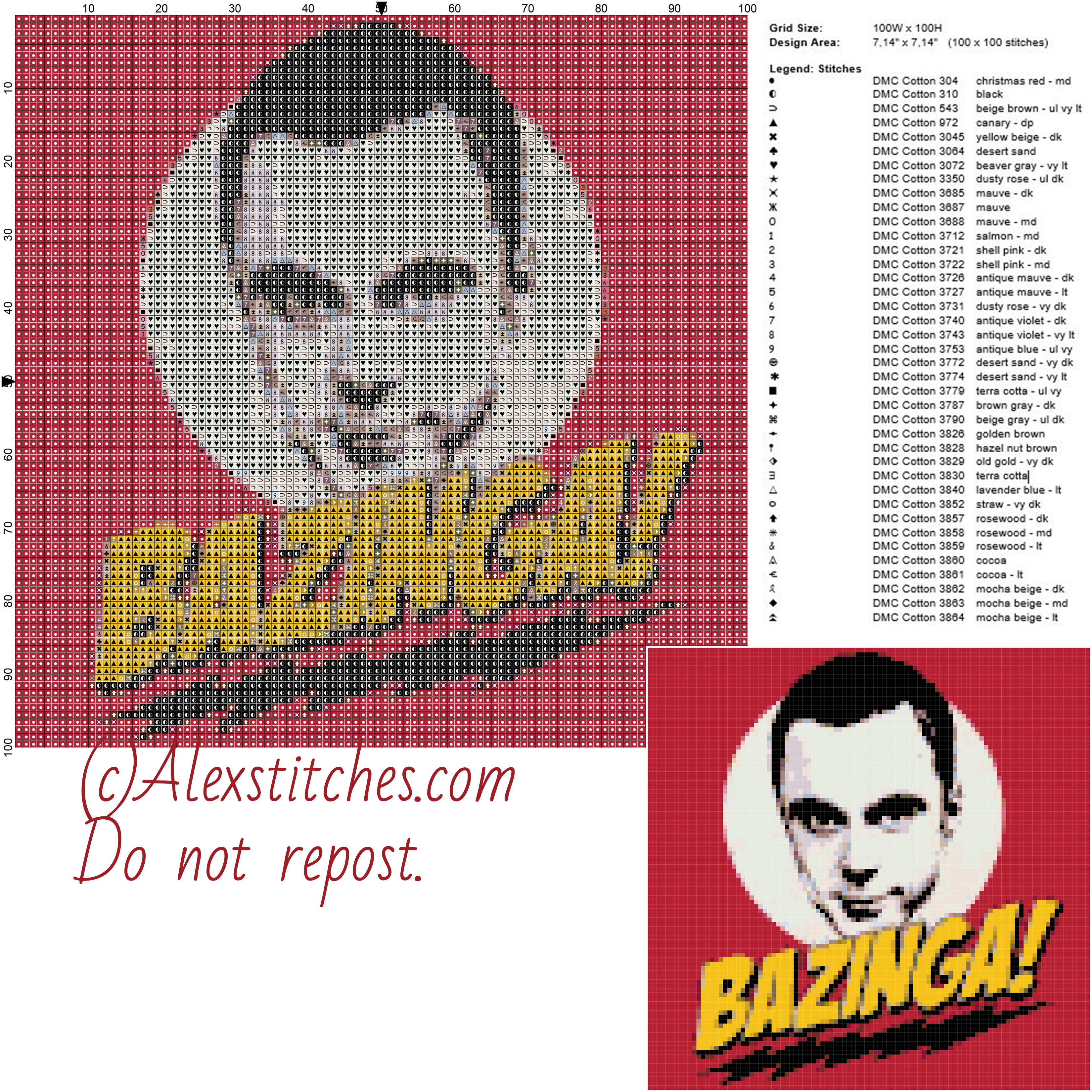 Sheldon Cooper Bazinga free cross stitch pattern 100x100 39 colors