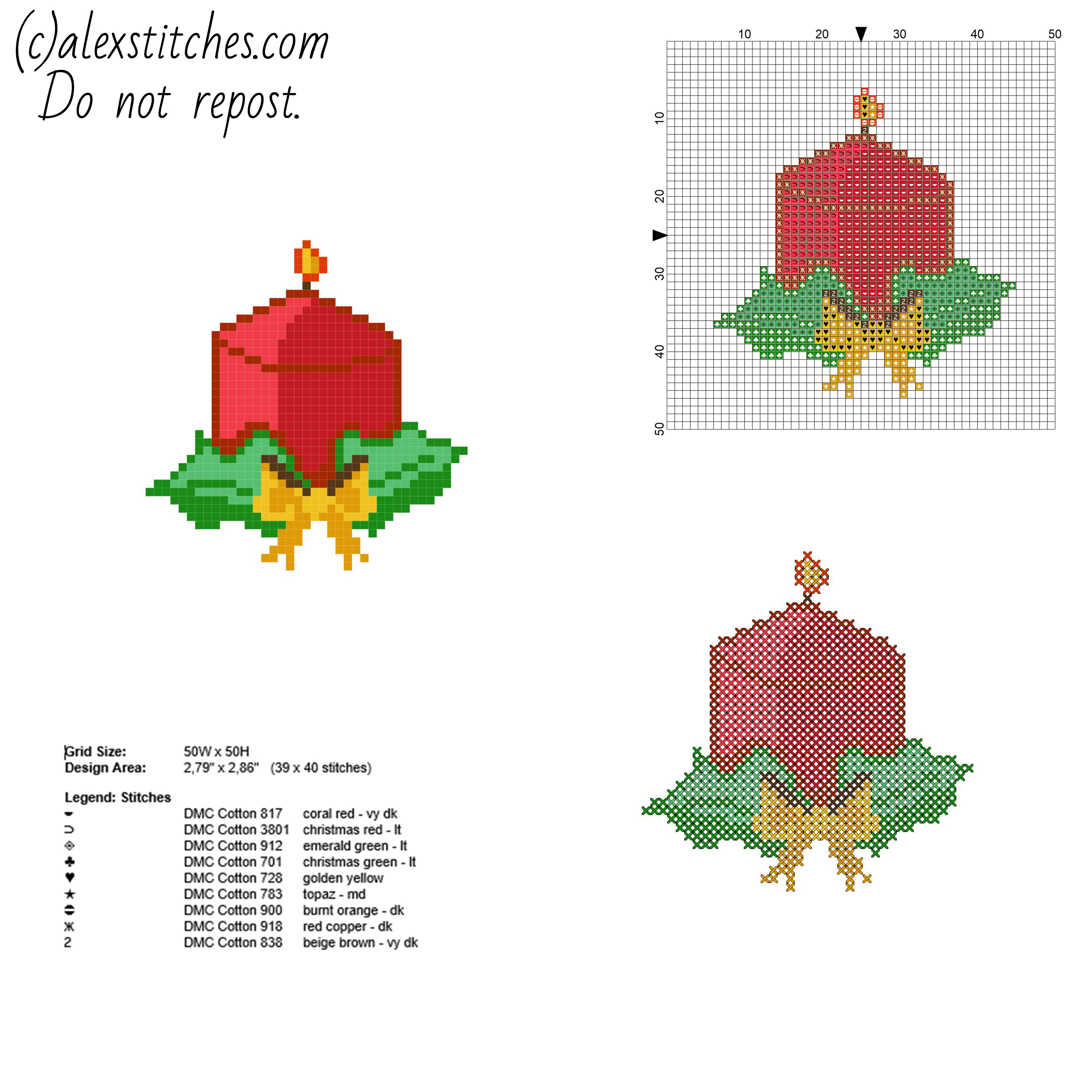 Simple and small cross stitch Christmas card with a candle free pattern download