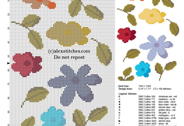 Simple small colored flowers free cross stitch patterns