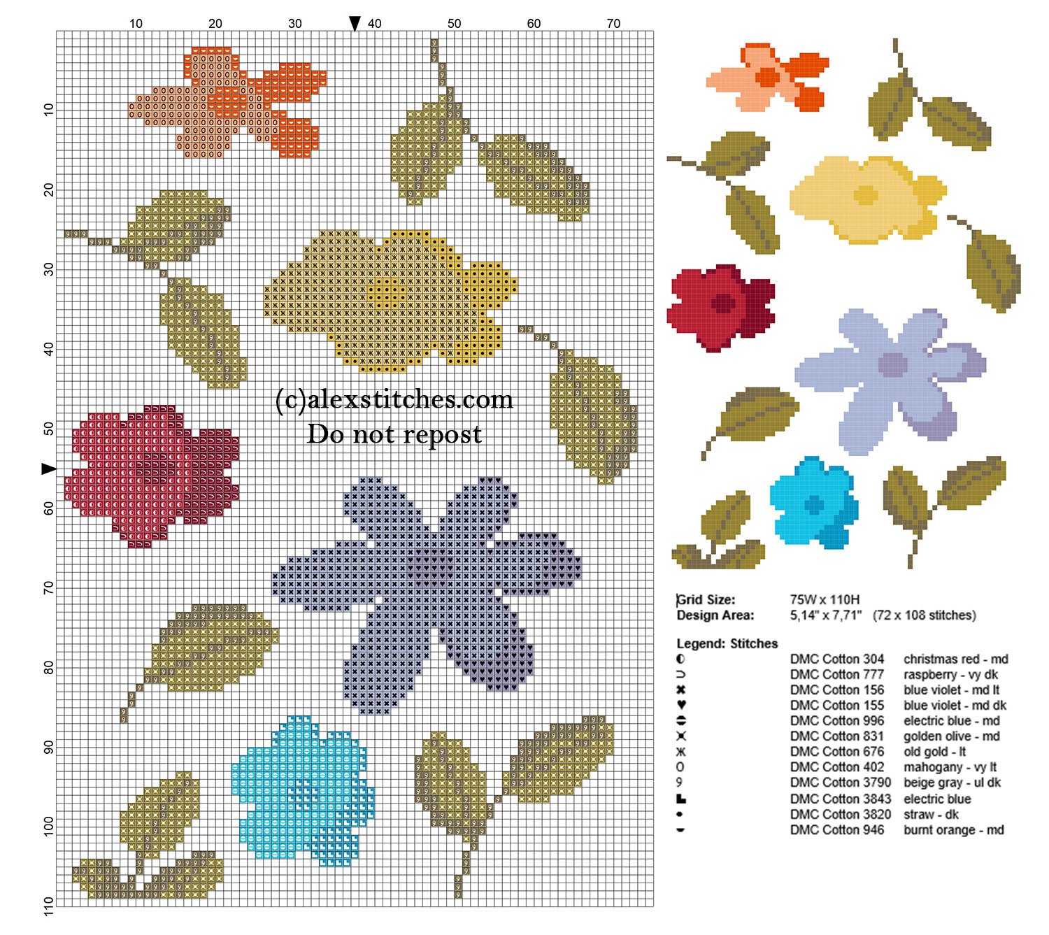 Simple small colored flowers free cross stitch patterns