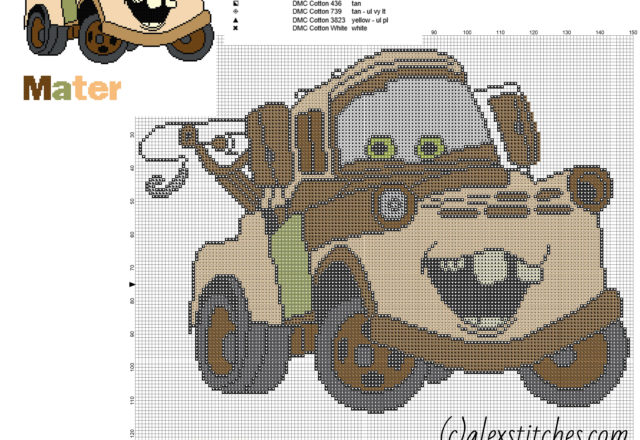 Sir Tow Mater Disney Cars and Cars 2 character free cross stitch pattern big size 150 stitches
