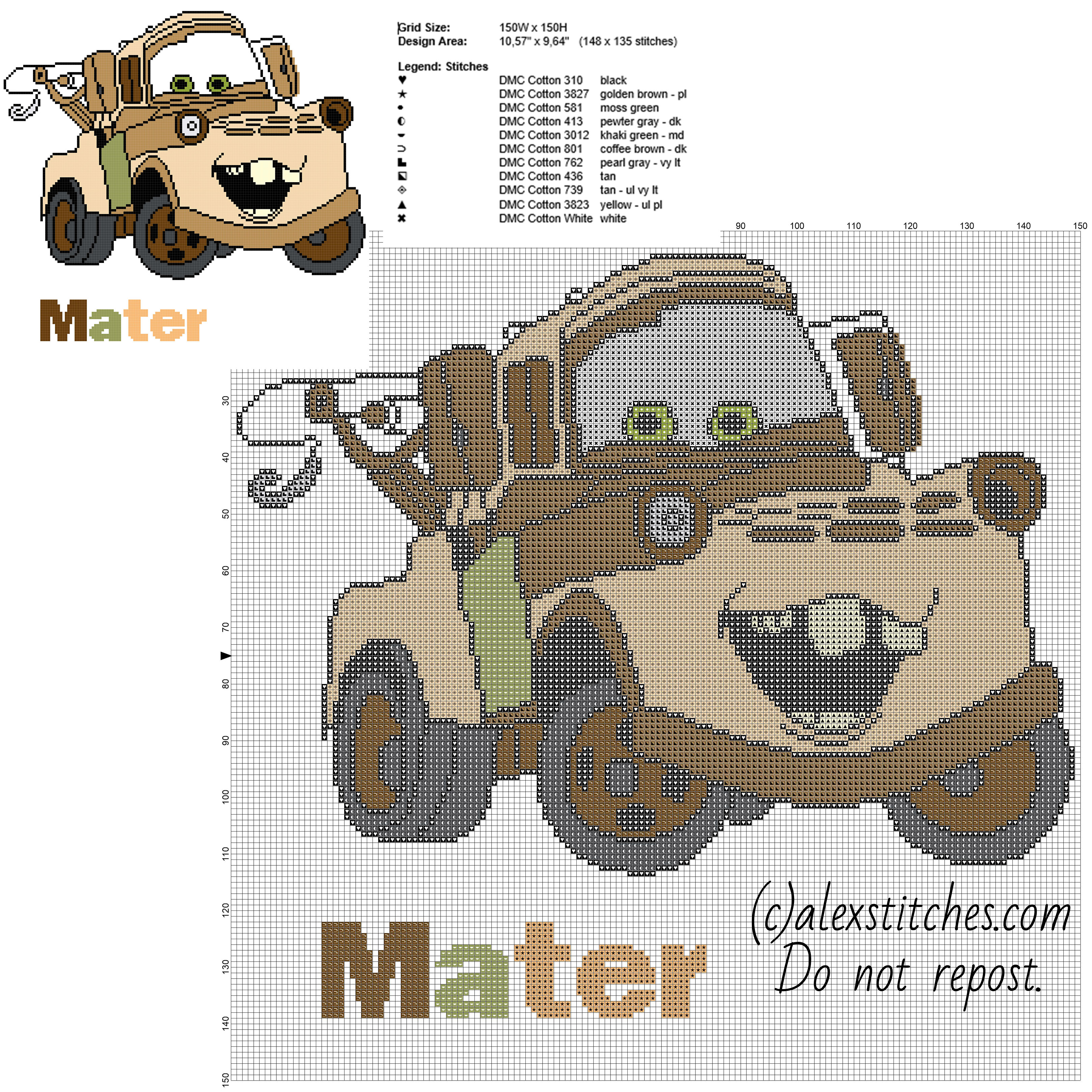 Sir Tow Mater Disney Cars and Cars 2 character free cross stitch pattern big size 150 stitches