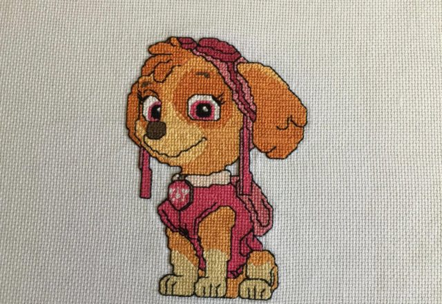 Skye from Paw Patrol cross stitch work photo by Facebook Fan Tamie Dukes