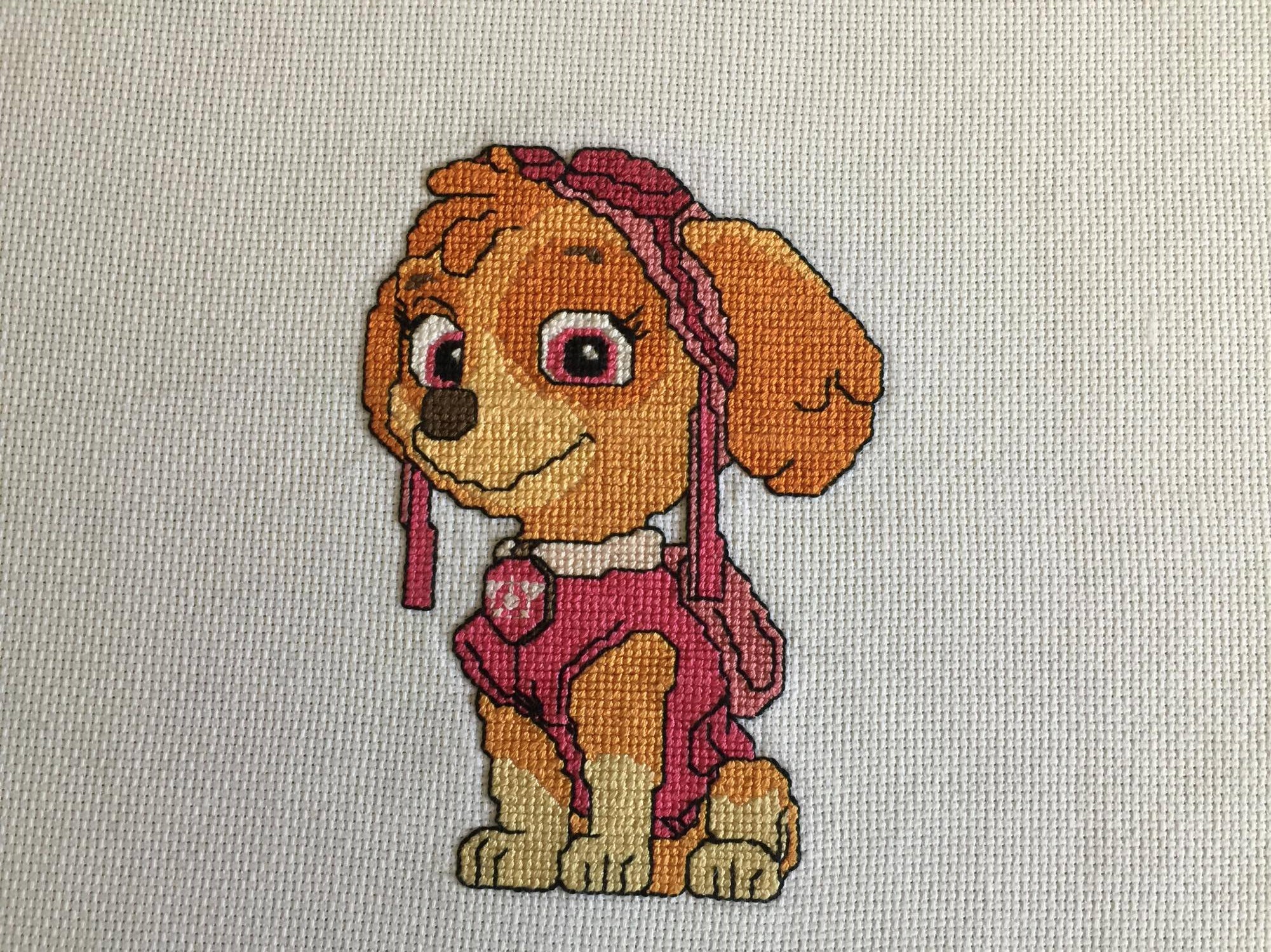 Skye from Paw Patrol cross stitch work photo by Facebook Fan Tamie Dukes