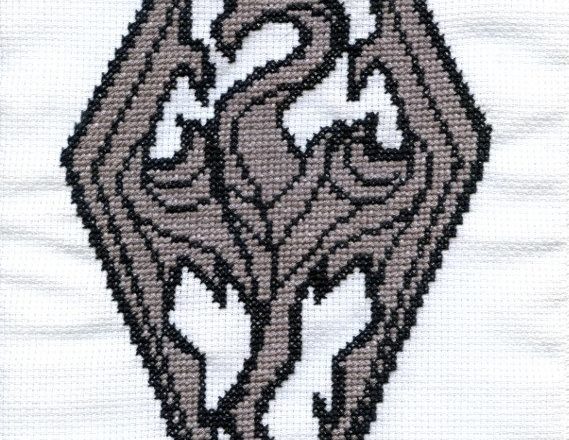 Skyrim logo cross stitch work photo by Facebook Fan Timea Cseke