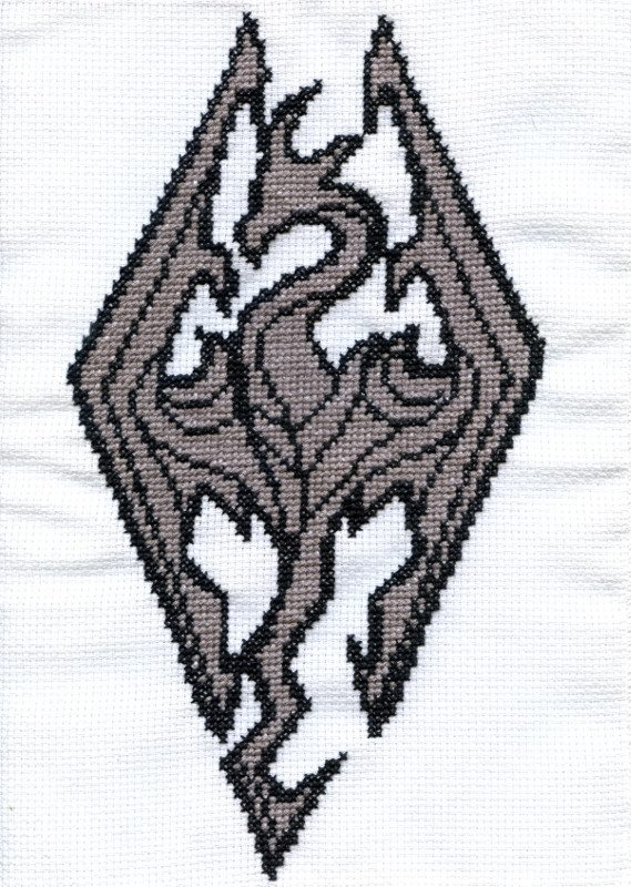 Skyrim logo cross stitch work photo by Facebook Fan Timea Cseke