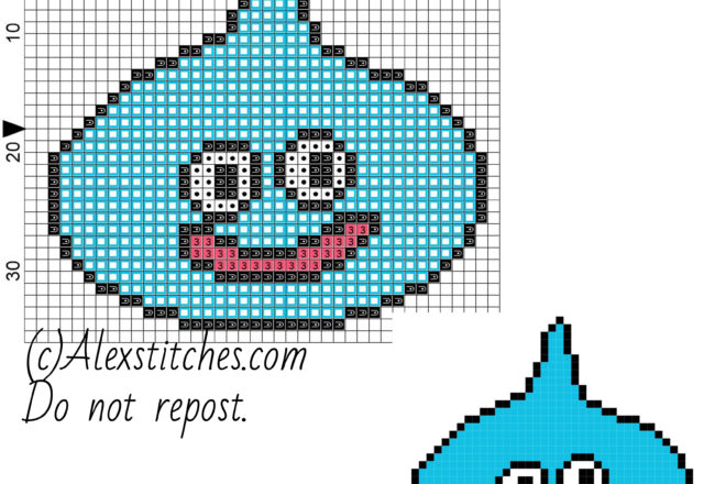 Slime Dragon Quest free videogames cross stitch pattern 40x36 4 colors