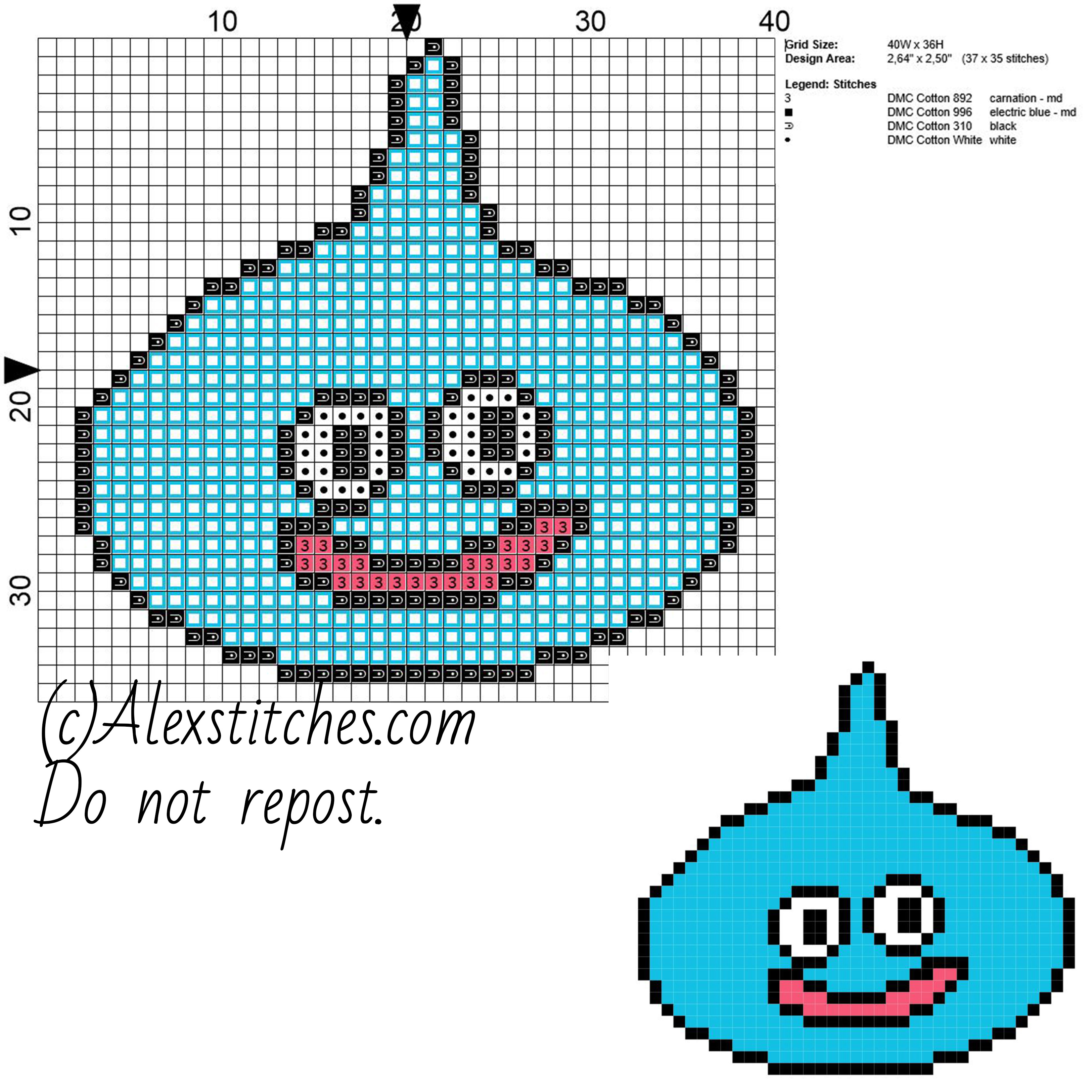 Slime Dragon Quest free videogames cross stitch pattern 40x36 4 colors