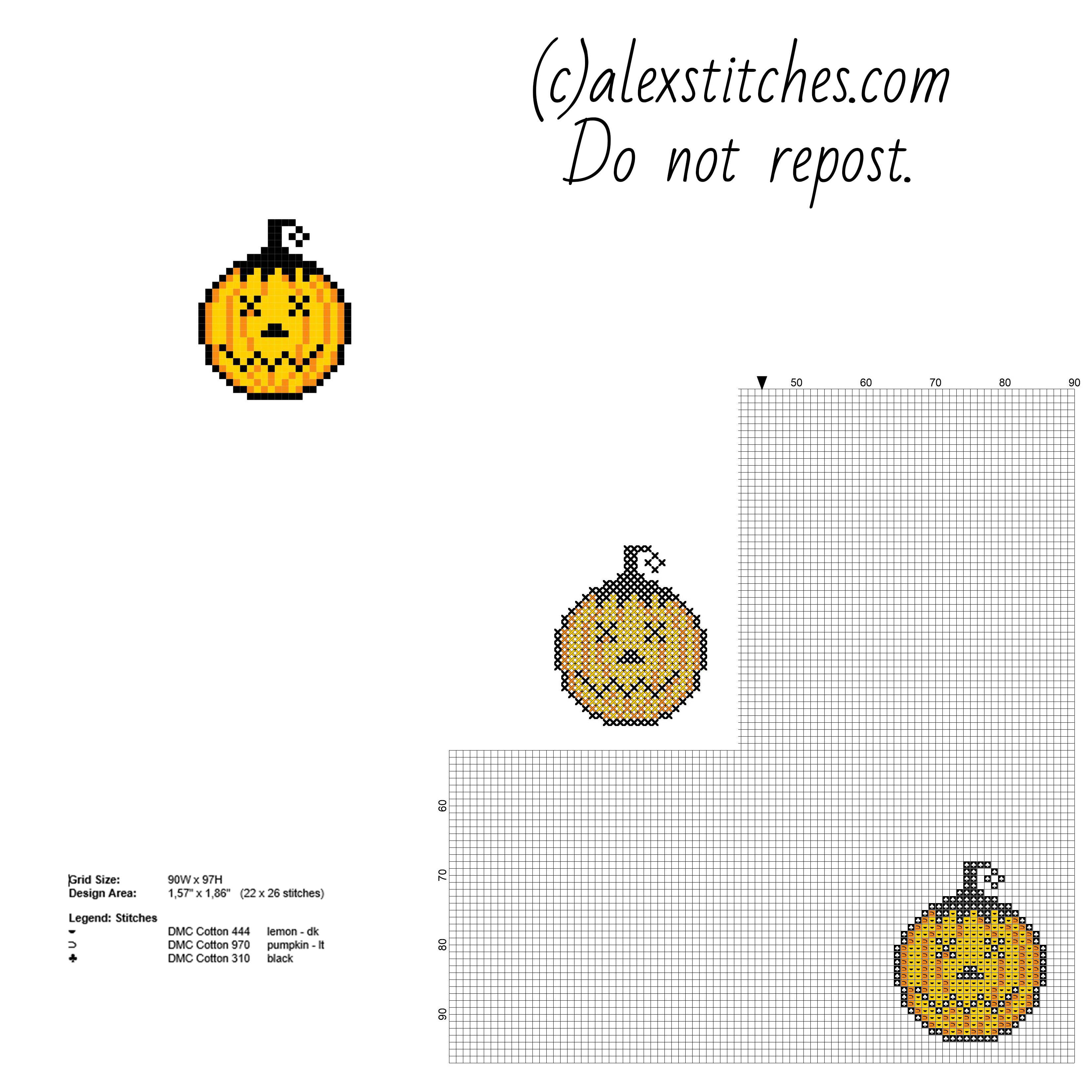 Small Halloween pumpkin stunned face free cross stitch pattern