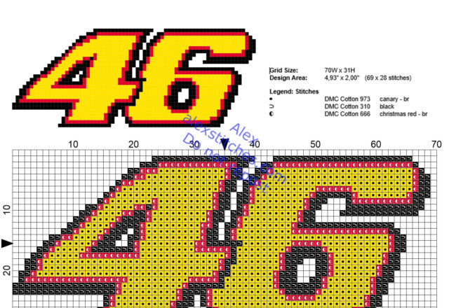Small Valentino Rossi Moto GP number 46 cross stitch logo size 69 x 28 3 DMC colors