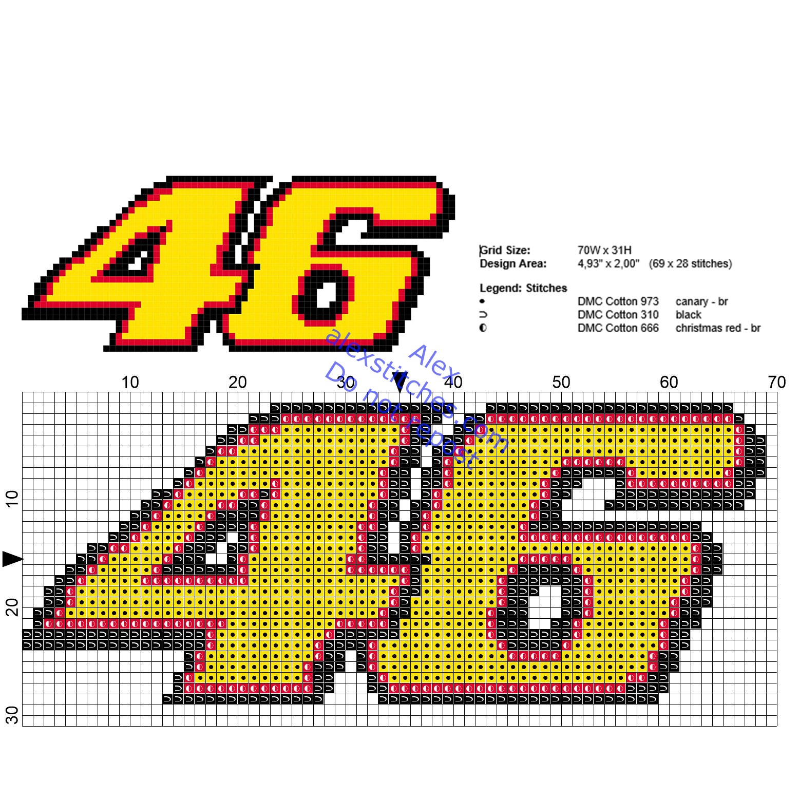 Small Valentino Rossi Moto GP number 46 cross stitch logo size 69 x 28 3 DMC colors