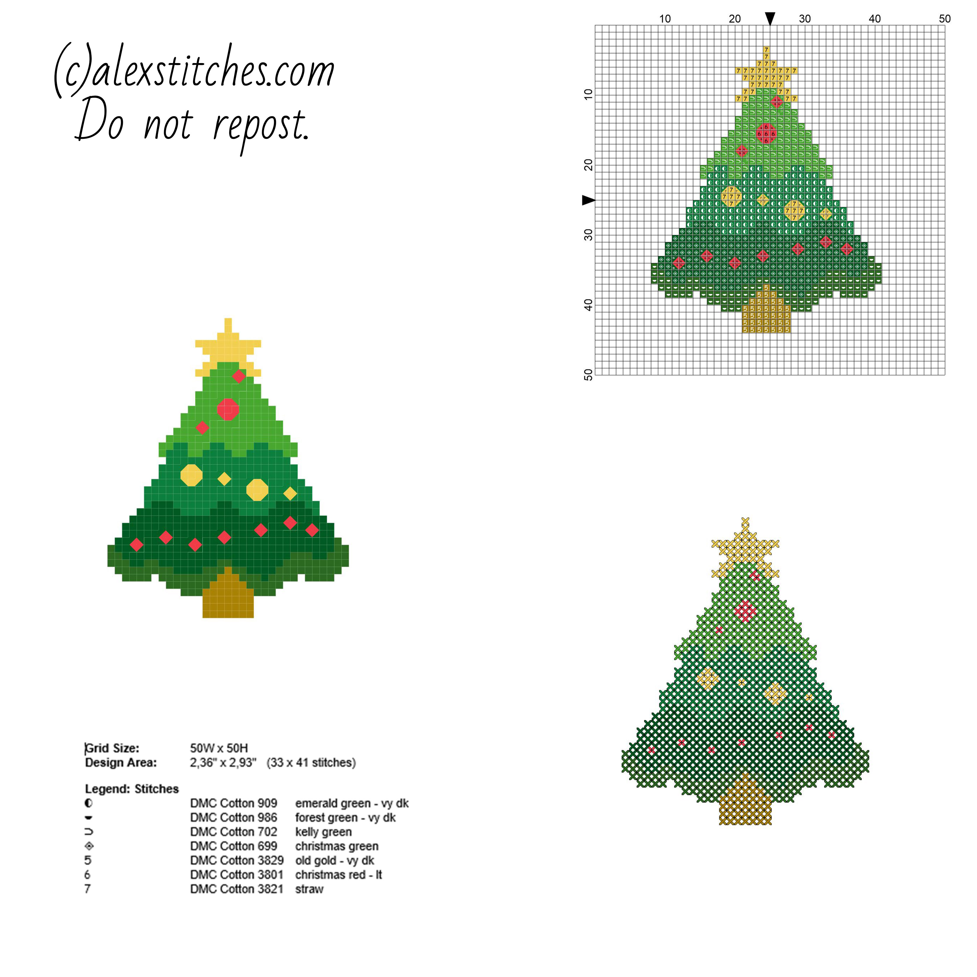 Small and simple cross stitch Christmas card with tree free pattern download