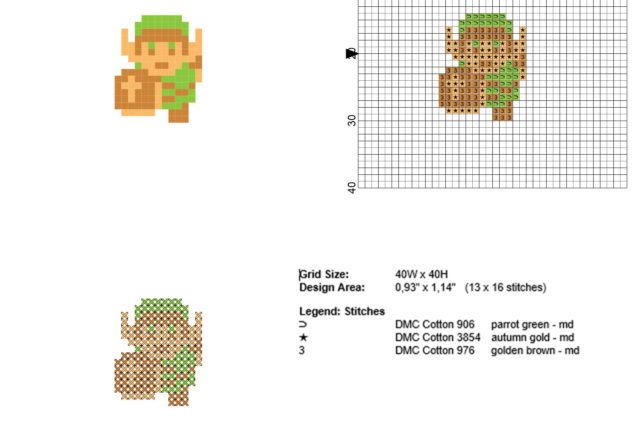 Small character Link from The Legend of Zelda videogame size 13 x 16 stitches 3 DMC threads colors needed