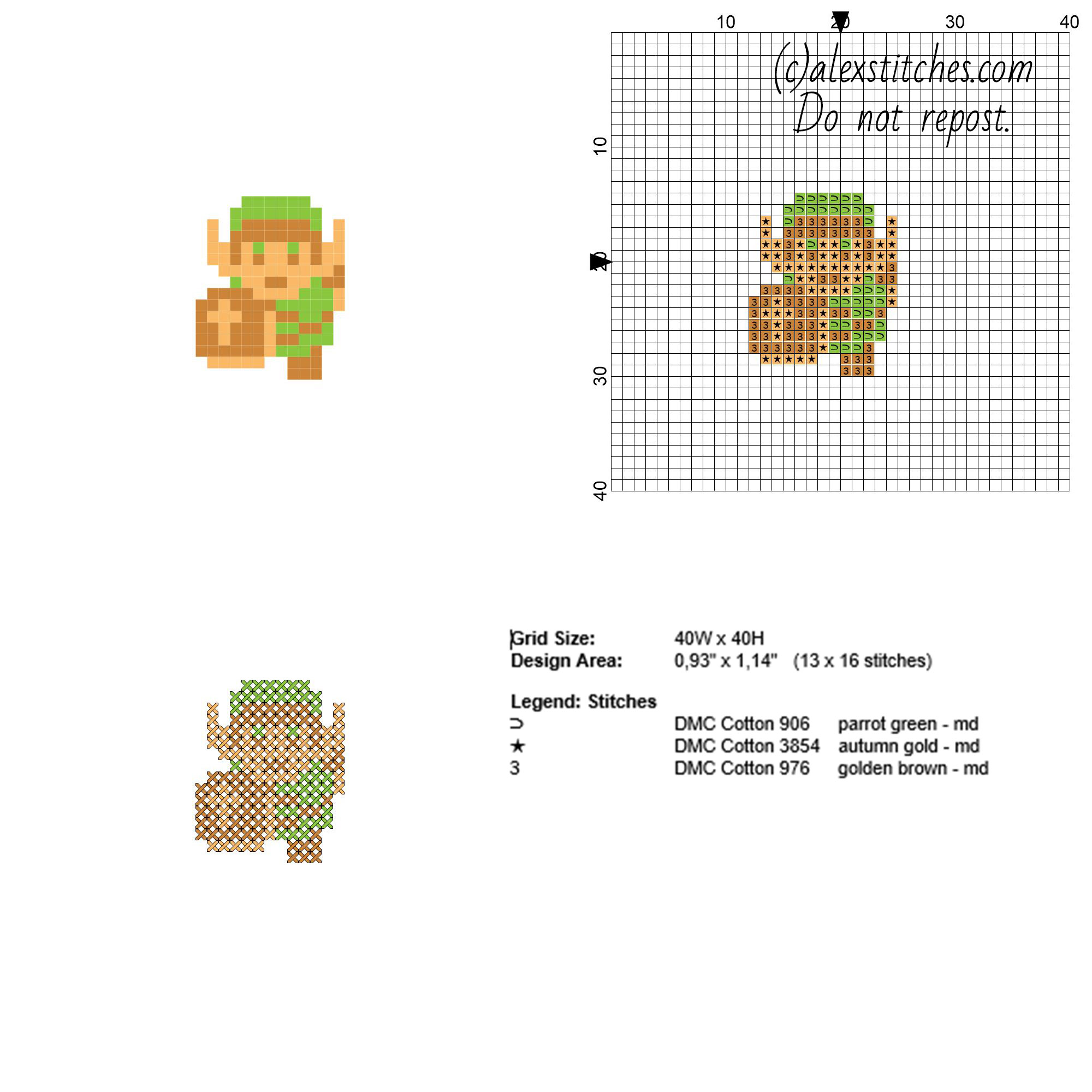 Small character Link from The Legend of Zelda videogame size 13 x 16 stitches 3 DMC threads colors needed