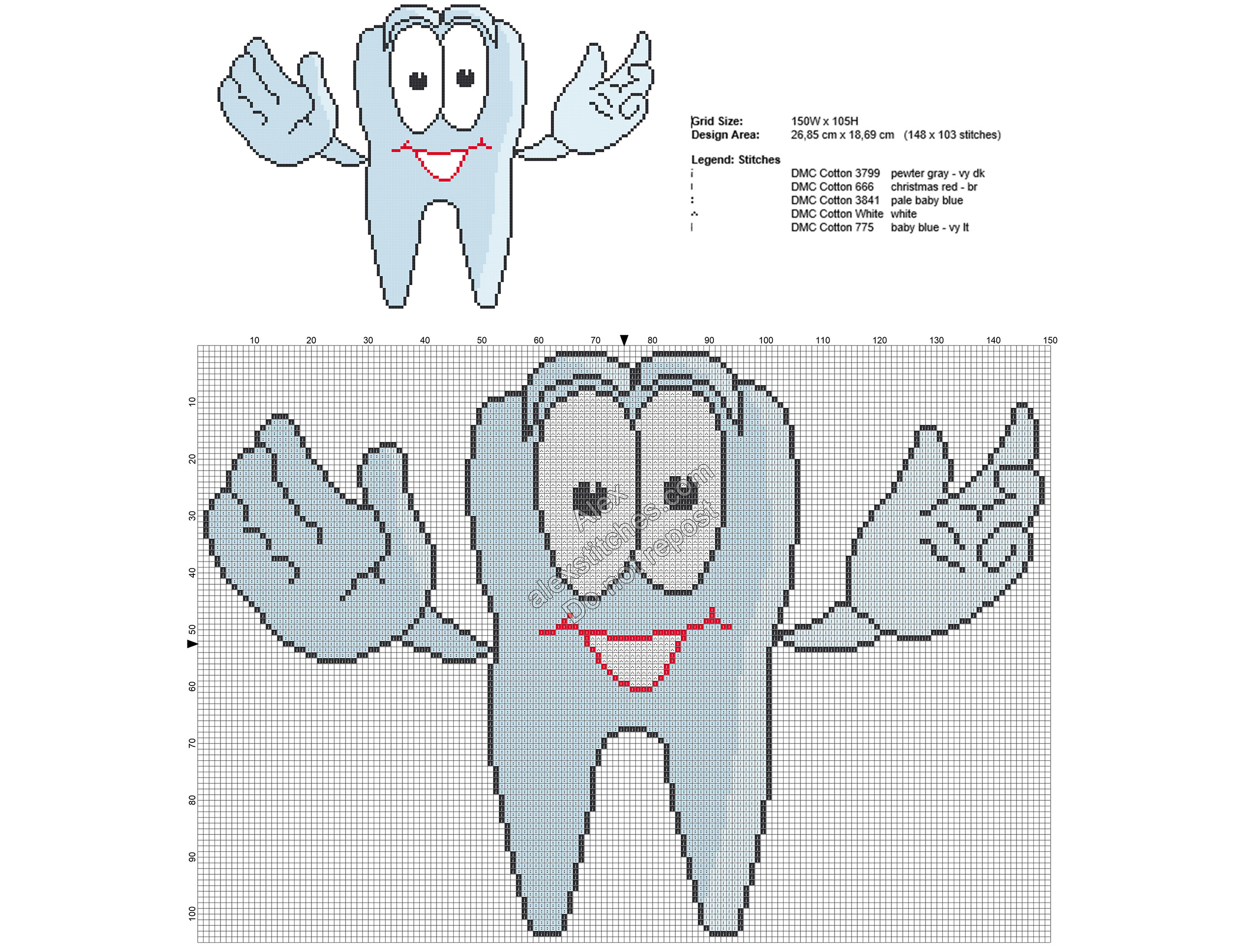 Smiling tooth free cross stitch pattern 148 x 103