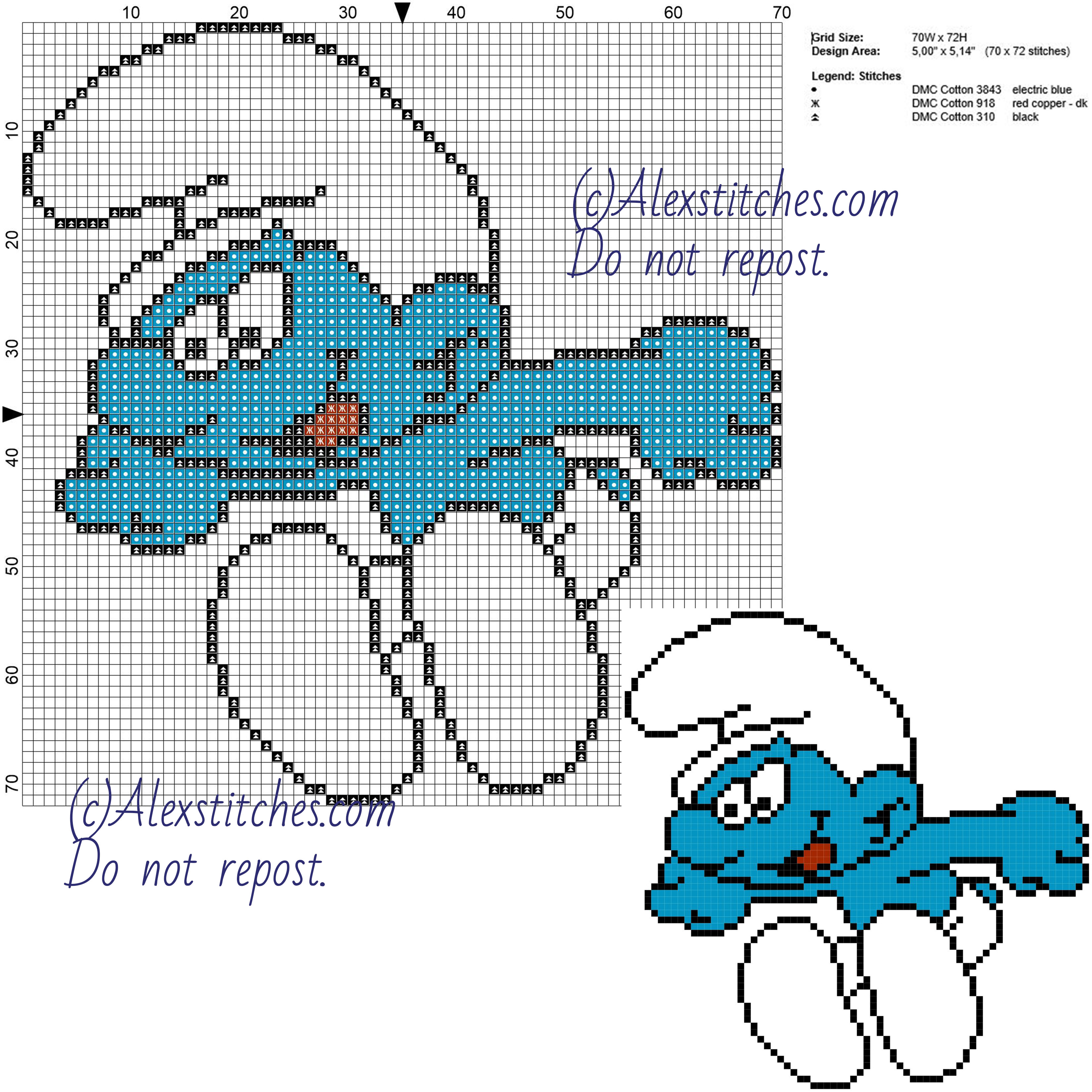 Smurf cross stitch pattern 70x72 3 colors