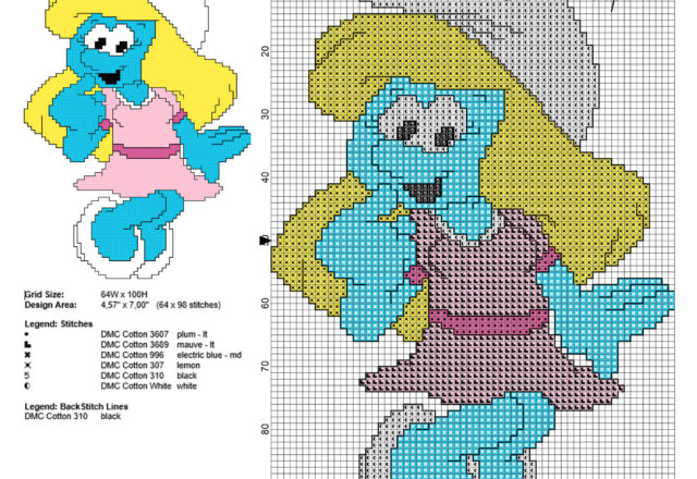 Smurfette with pink dress free back stitch cross stitch pattern 64 x 98 6 colors