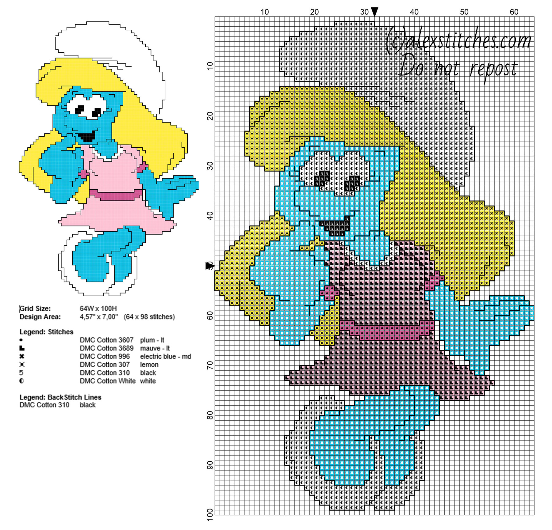 Smurfette with pink dress free back stitch cross stitch pattern 64 x 98 6 colors