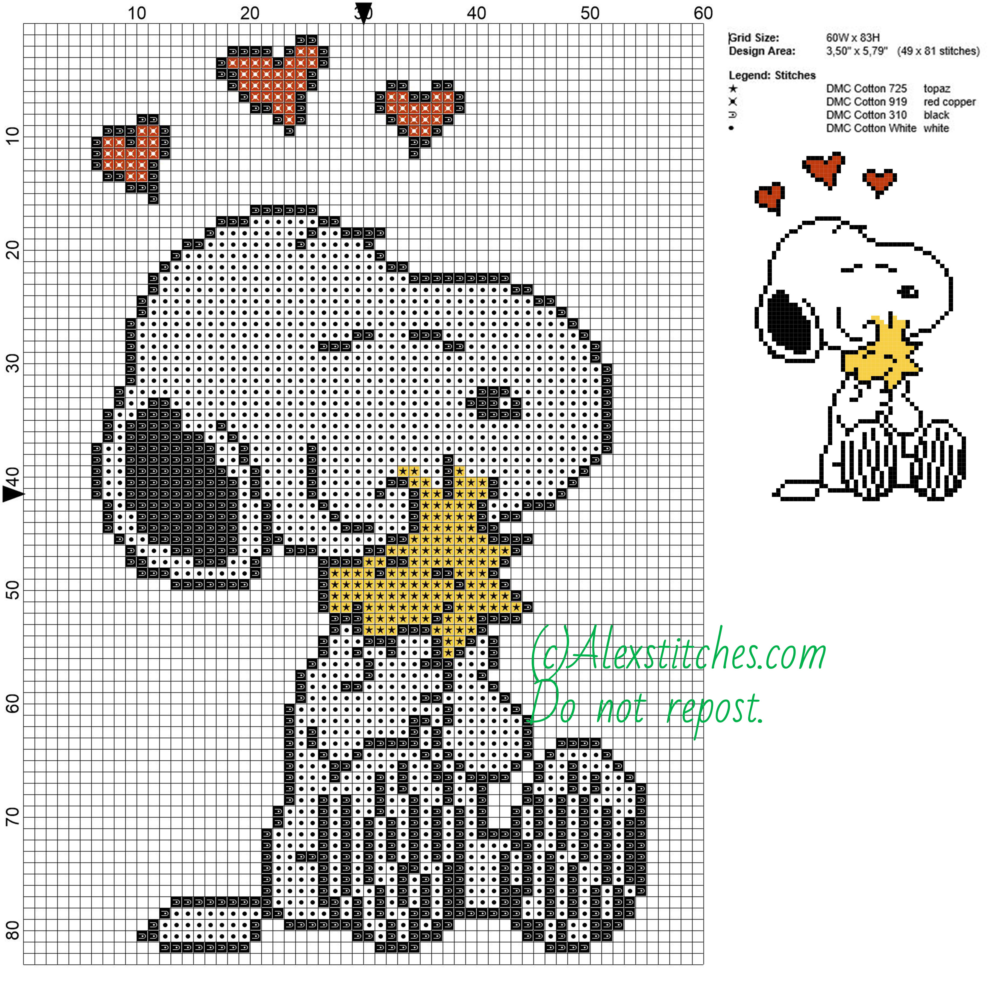 Snoopy and Woodstock free cartoons cross stitch pattern 60x83 4 colors