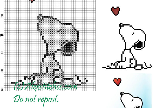 Snoopy and the heart cross stitch pattern 50x62 3 colors