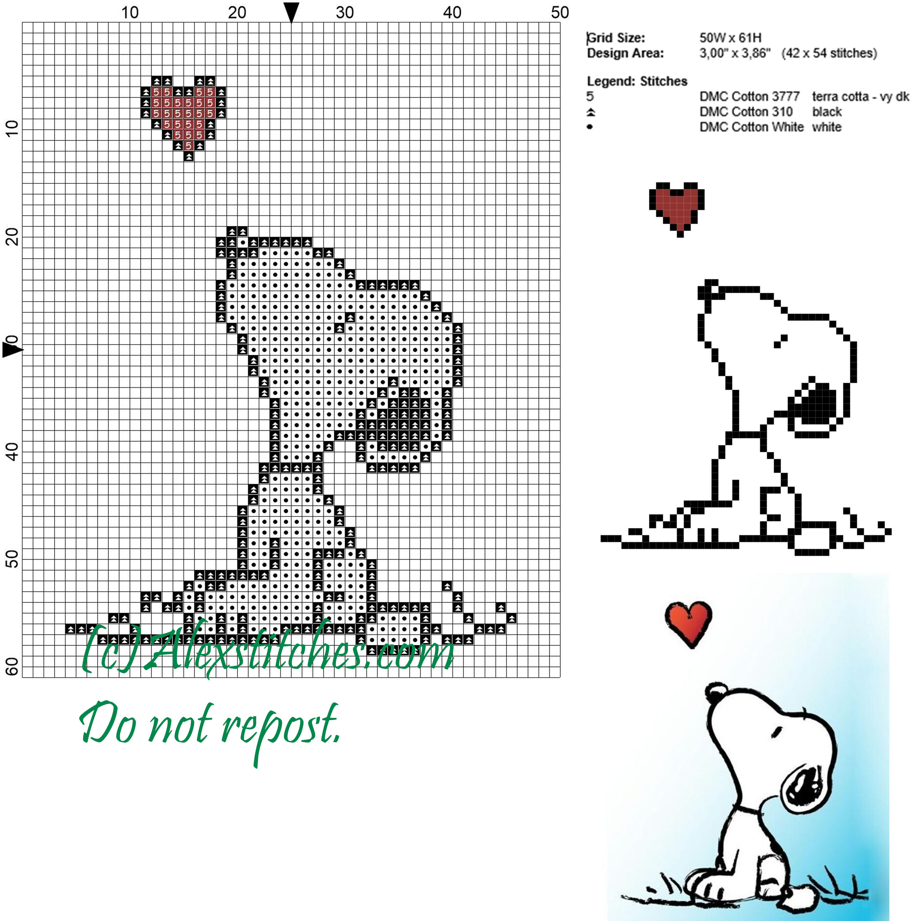 Snoopy and the heart cross stitch pattern 50x62 3 colors