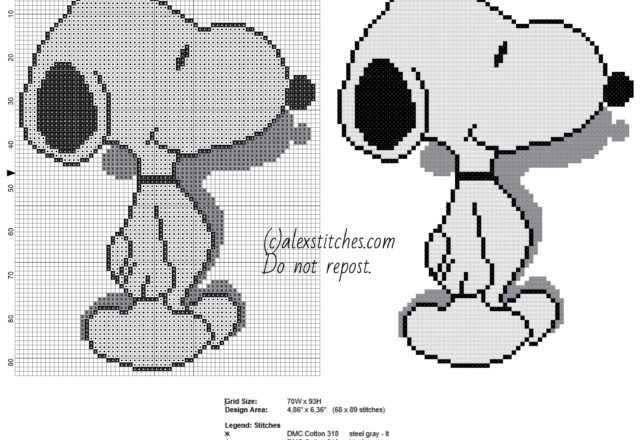 Snoopy dog character from cartoon Peanuts free cross stitch pattern download
