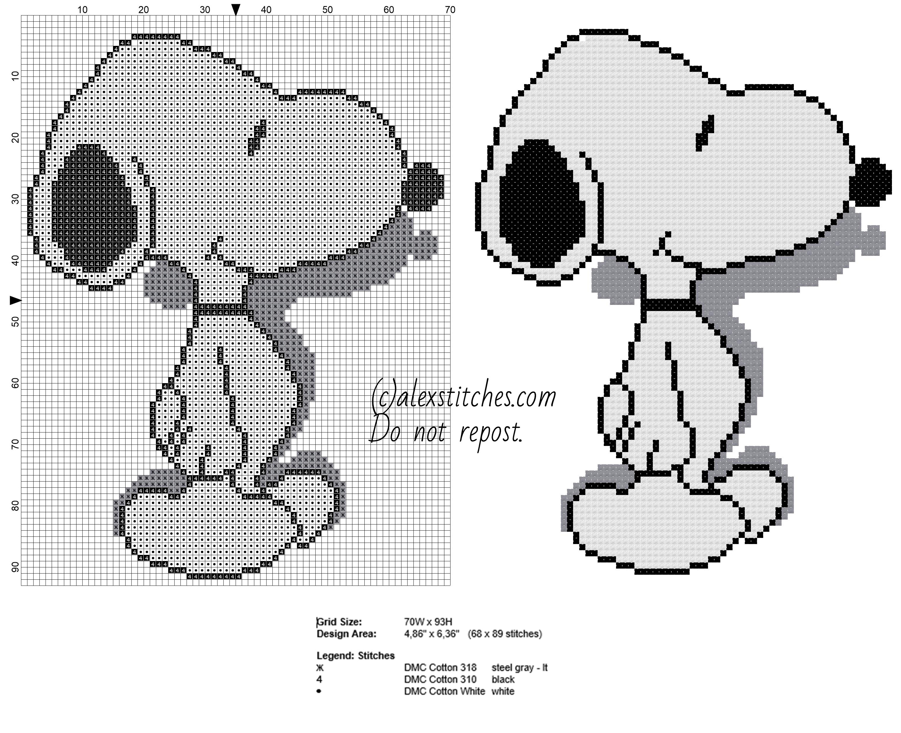 Snoopy dog character from cartoon Peanuts free cross stitch pattern download