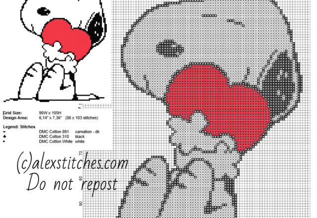 Snoopy with heart free cross stitch pattern small size