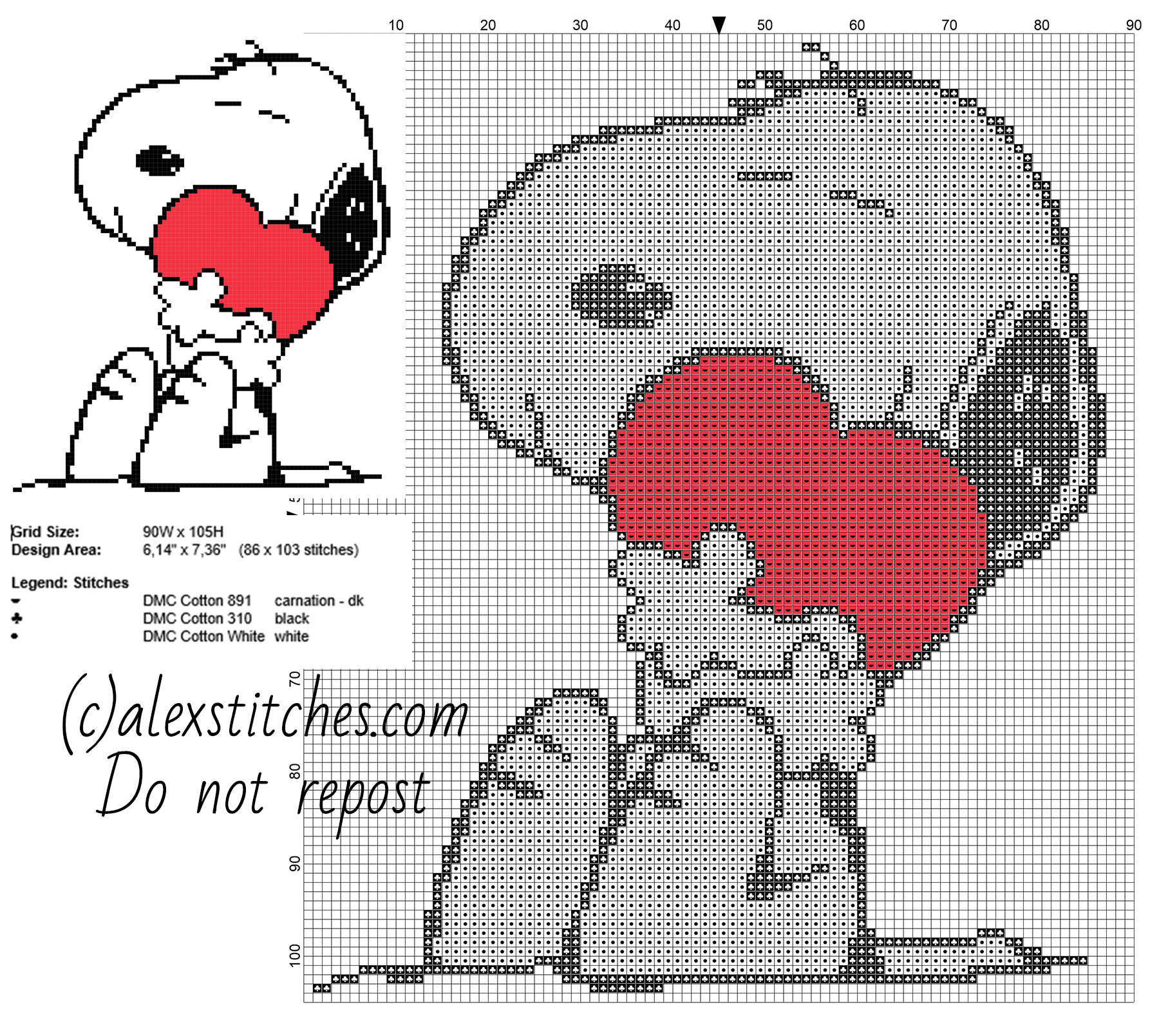 Snoopy with heart free cross stitch pattern small size