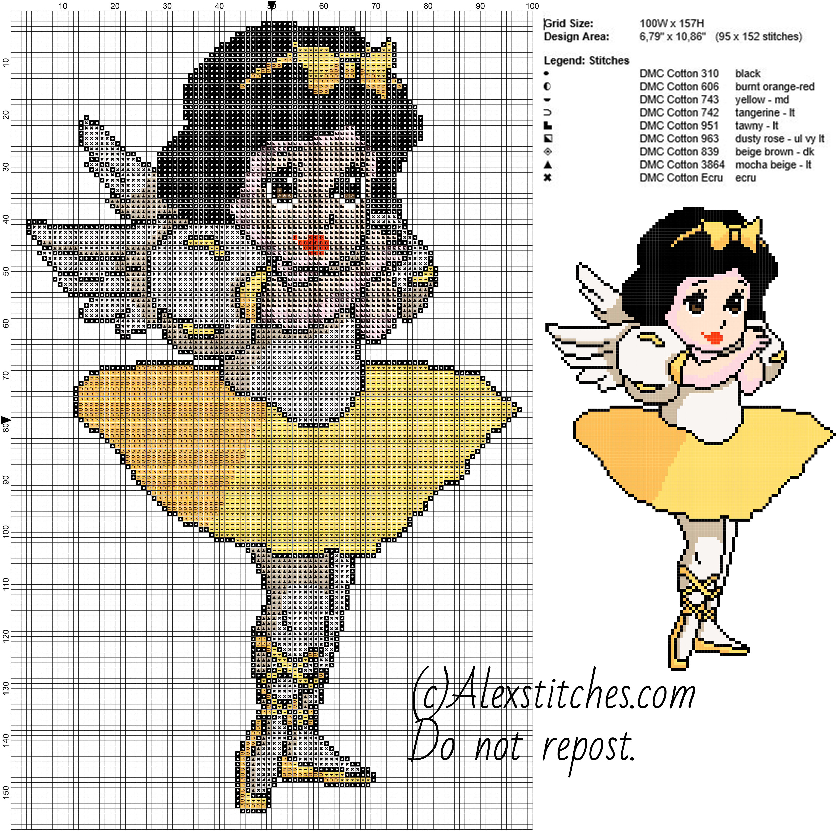 Snow White dancer princess Disney free cross stitch pattern 100x157 9 colors
