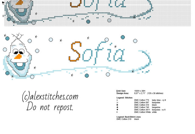 Sofia name with Olaf Disney Frozen free cross stitch pattern