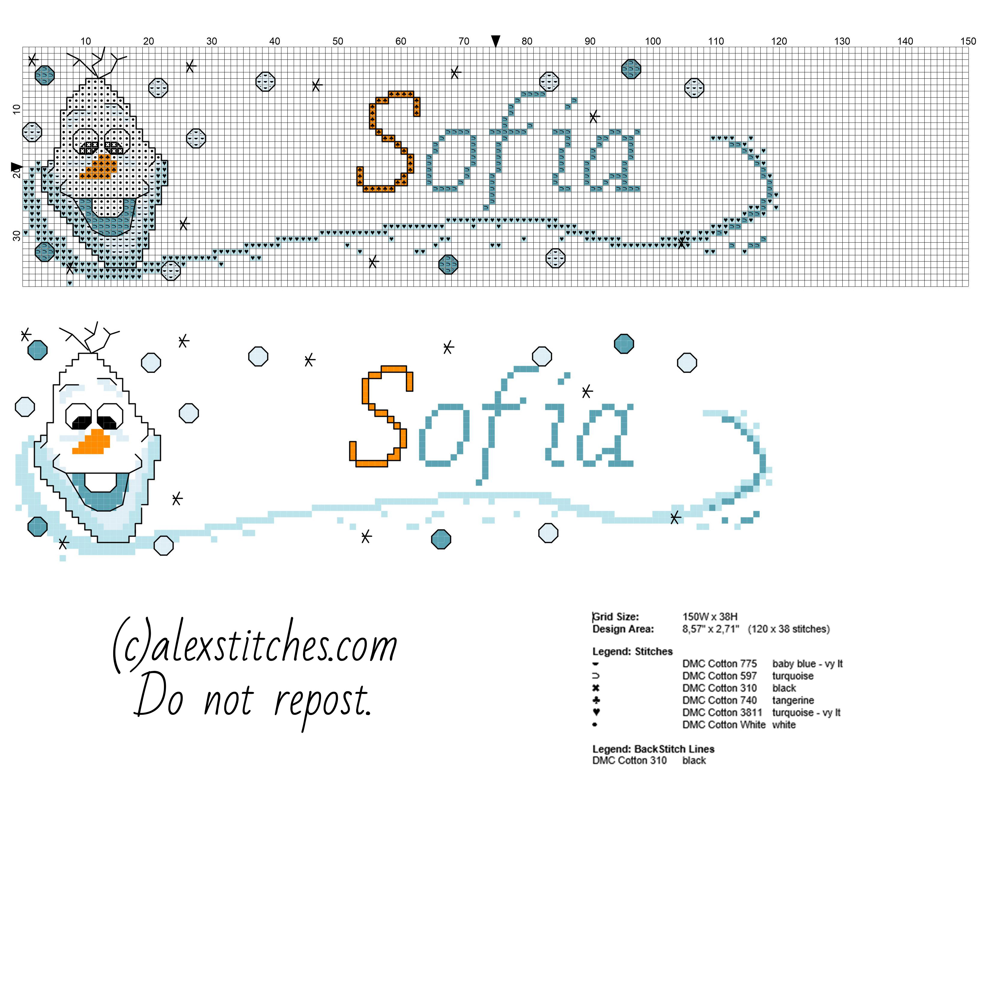 Sofia name with Olaf Disney Frozen free cross stitch pattern