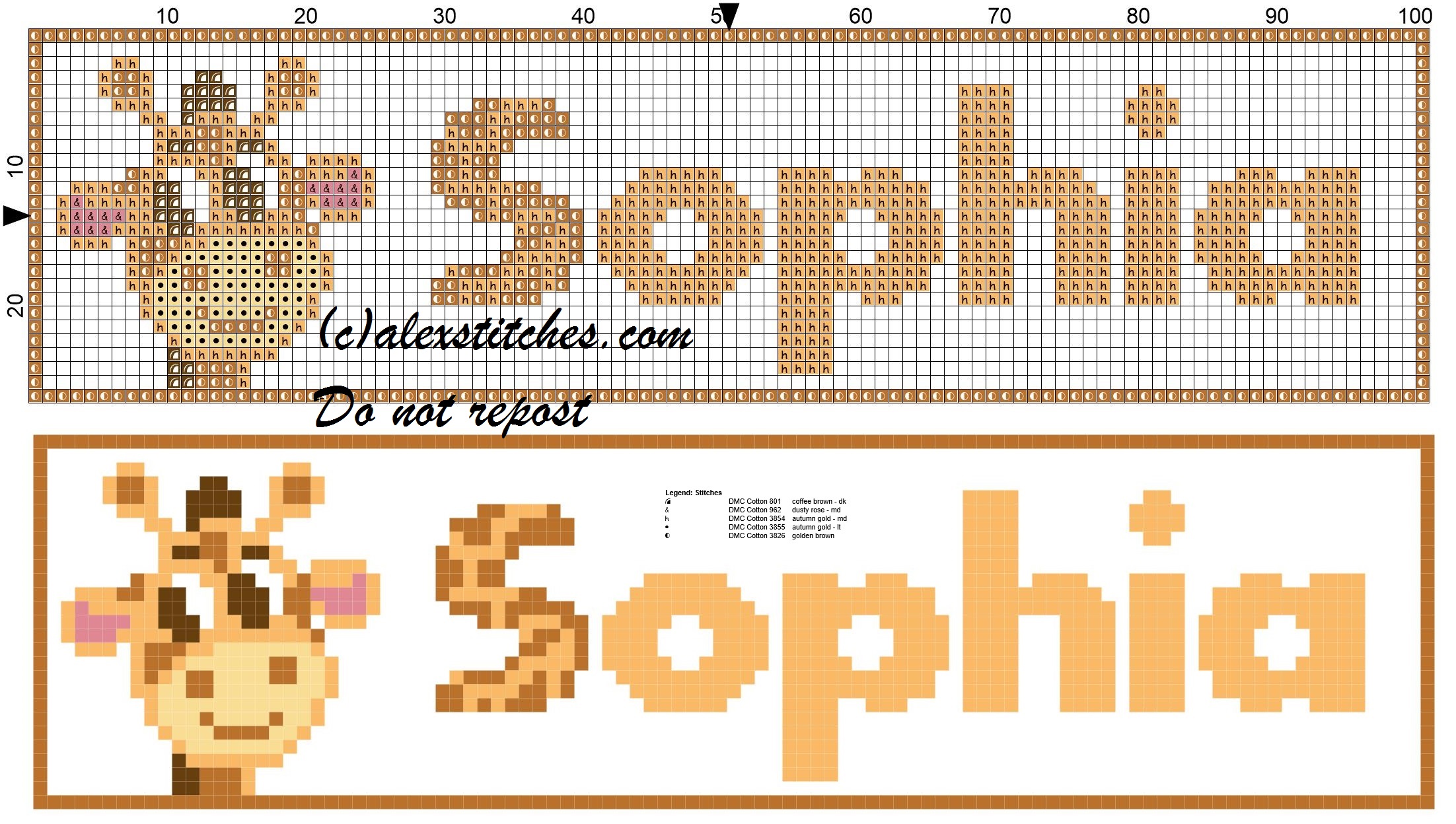 Sophia name with giraffe cross stitch pattern