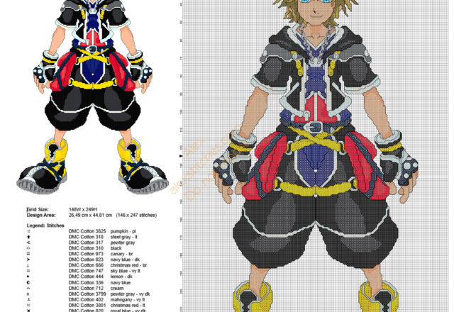 Sora from Kingdom Hearts 2 free cross stitch pattern