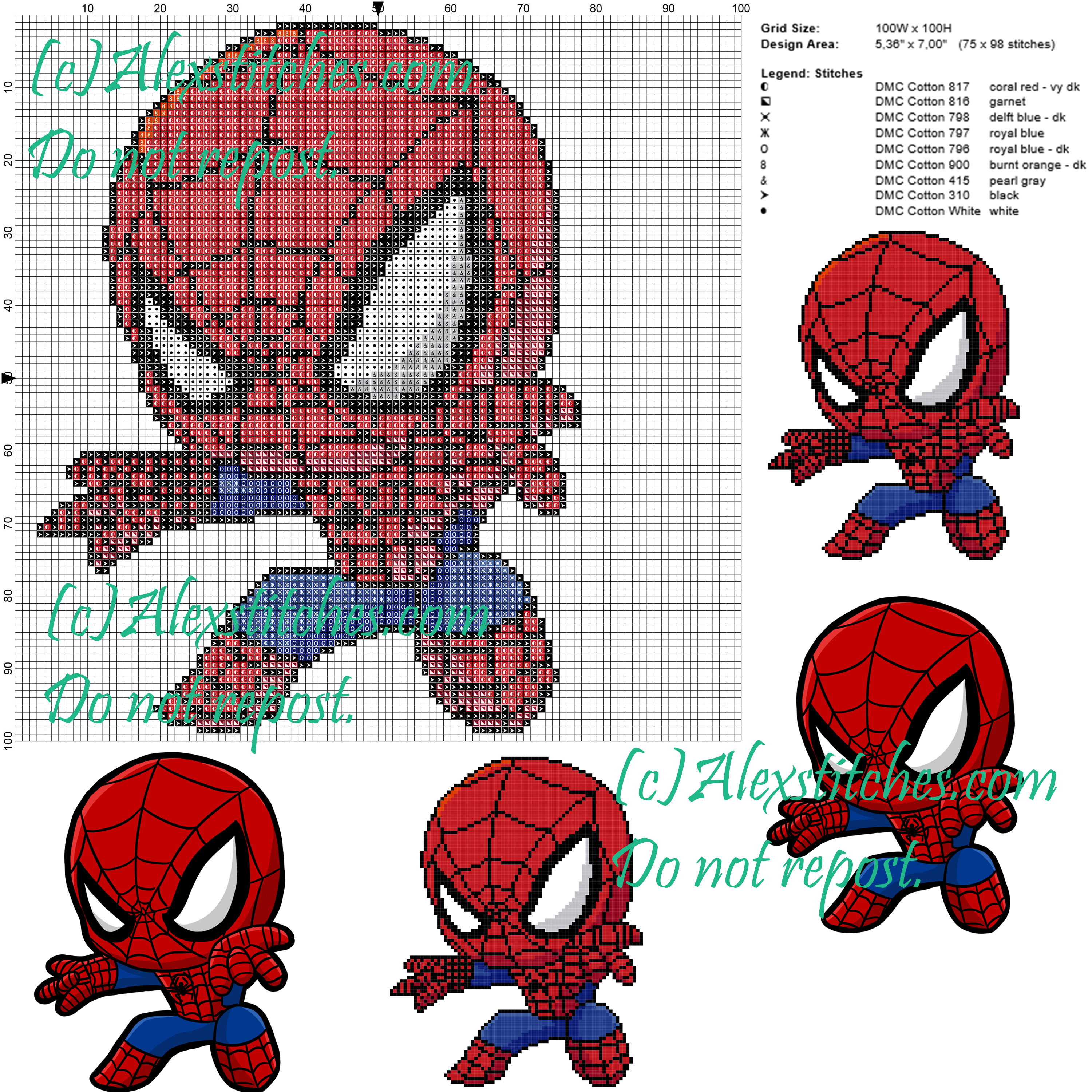 Spiderman cross stitch pattern 100x100 9 colors