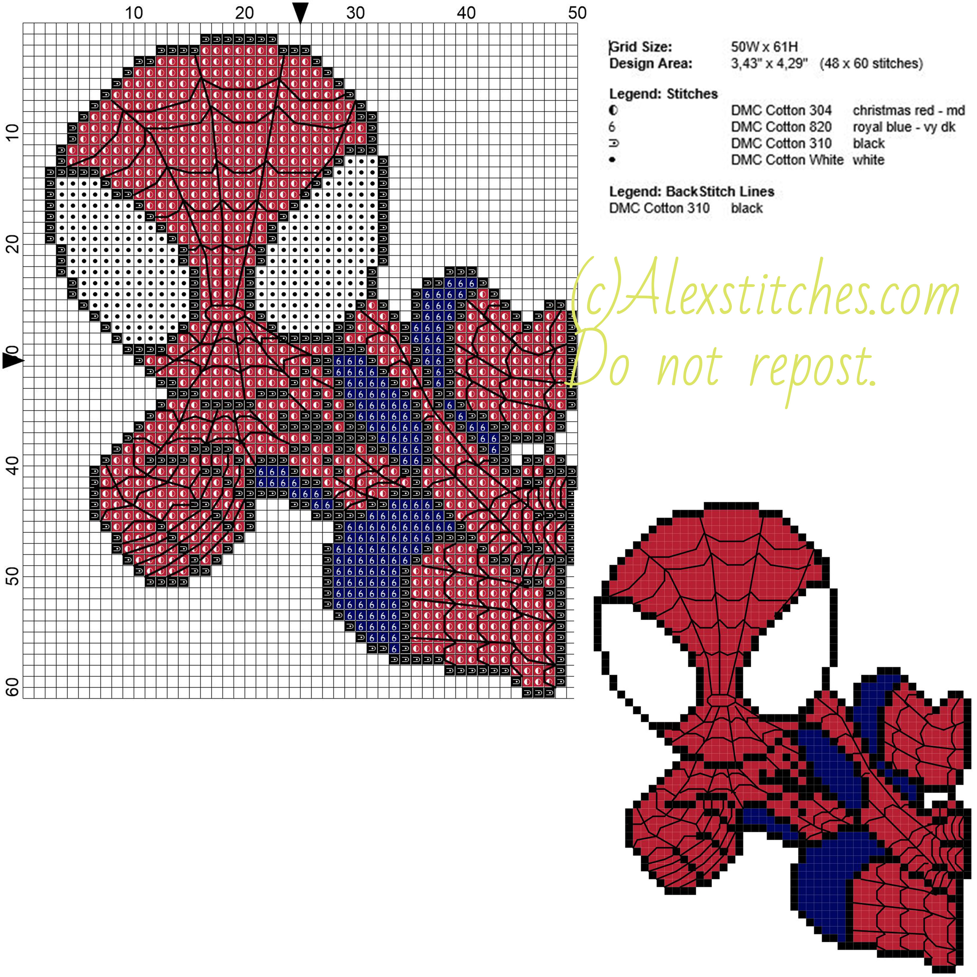 Spiderman free cross stitch pattern 50x61 5 colors