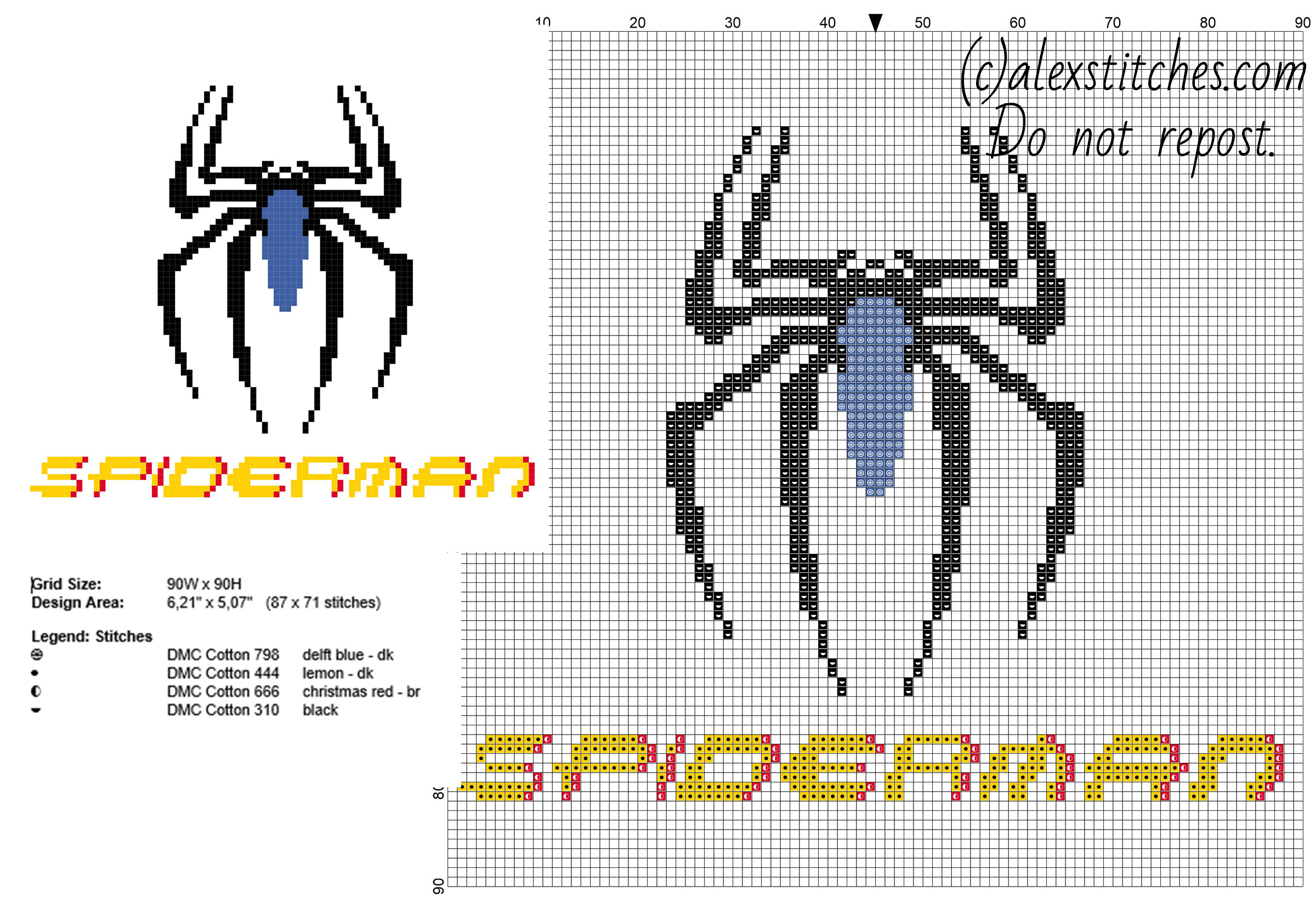 Spiderman original colored logo with blue and black spider cross stitch pattern 87 x 71 4 DMC threads