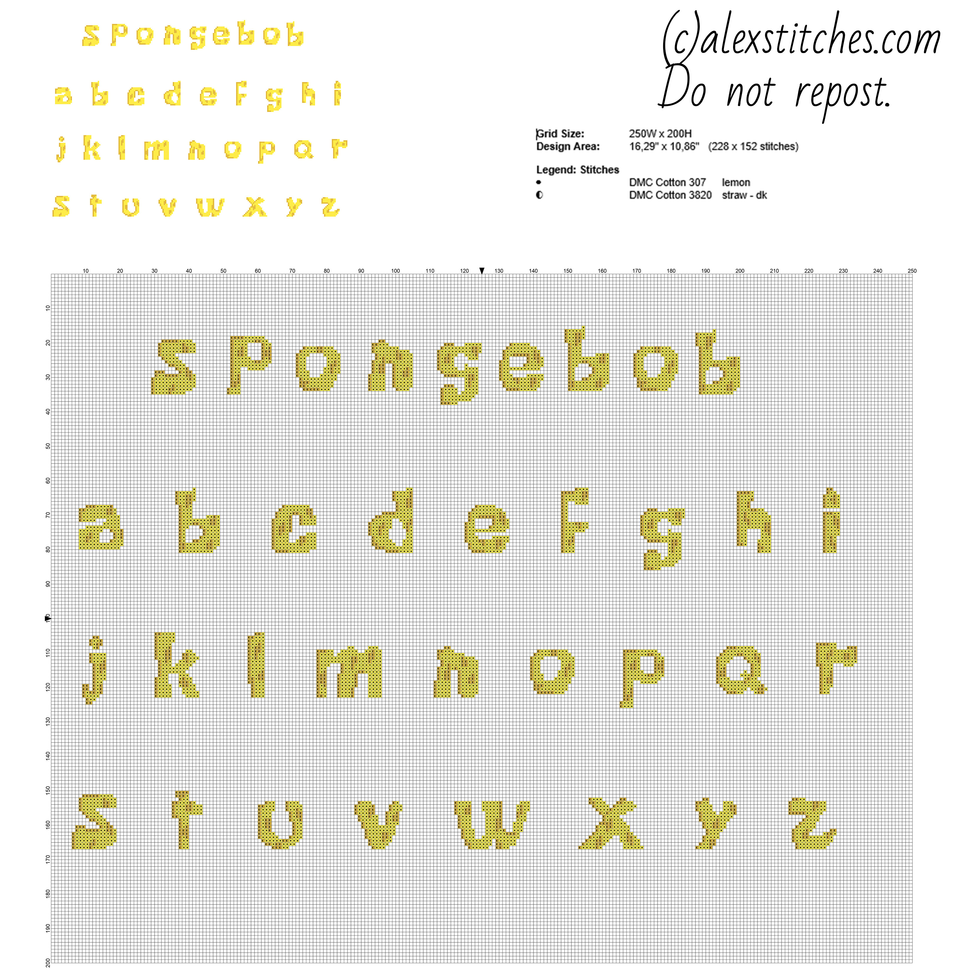 Spongebob Squarepants cross stitch alphabet lowercase letters free download made with PcStitch software