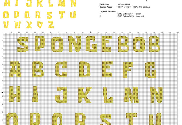 Spongebob Squarepants cross stitch alphabet uppercase letters made with PcStitch software
