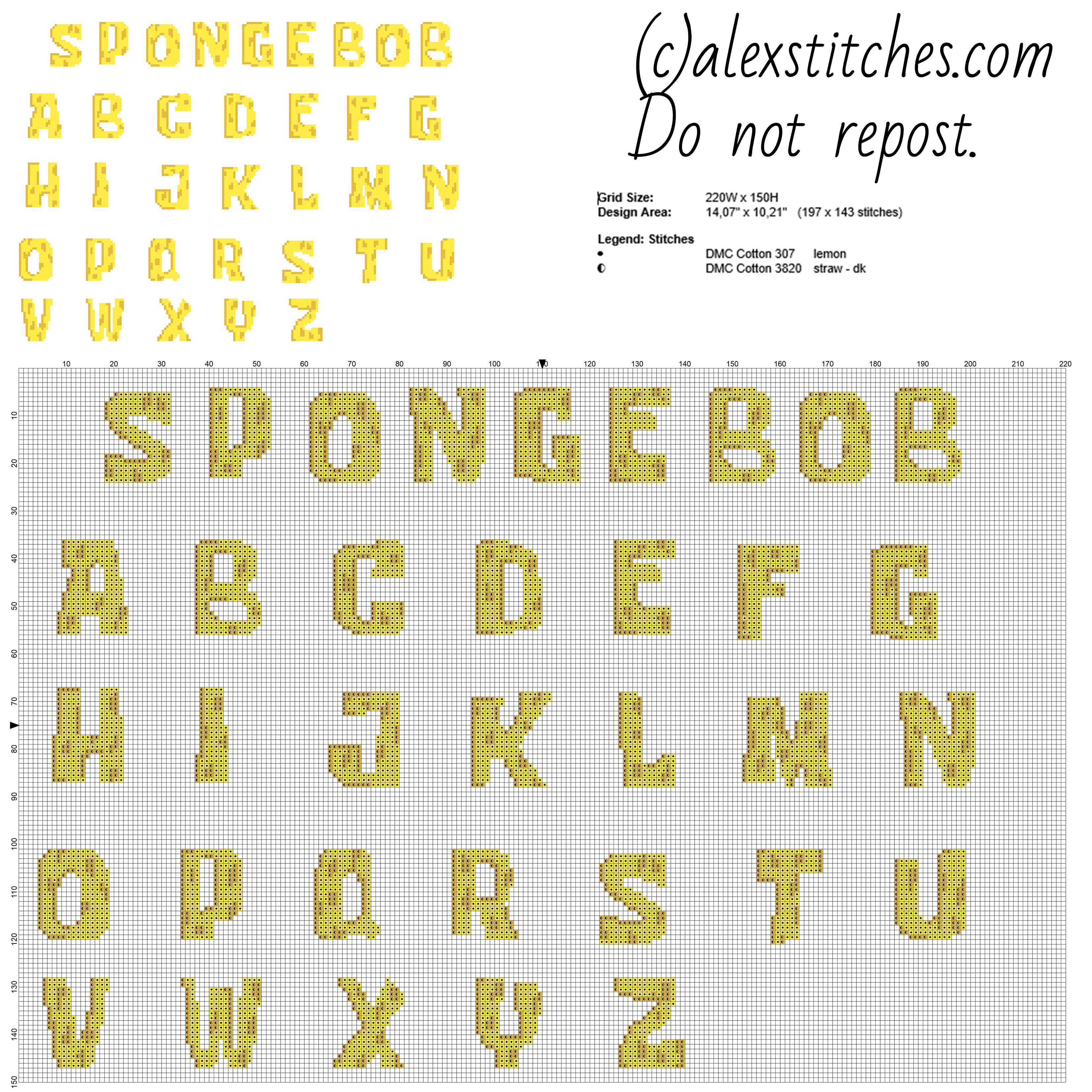 Spongebob Squarepants cross stitch alphabet uppercase letters made with PcStitch software