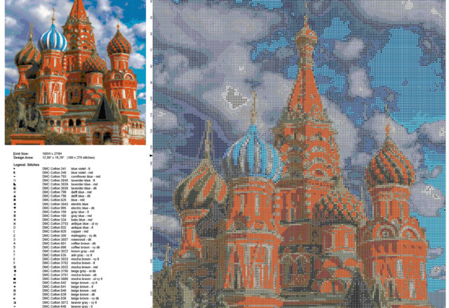 St_ Basil’ s Cathedral Moscow Russia famous place free cross stitch pattern made with PcStitch size 180 x 270 stitches