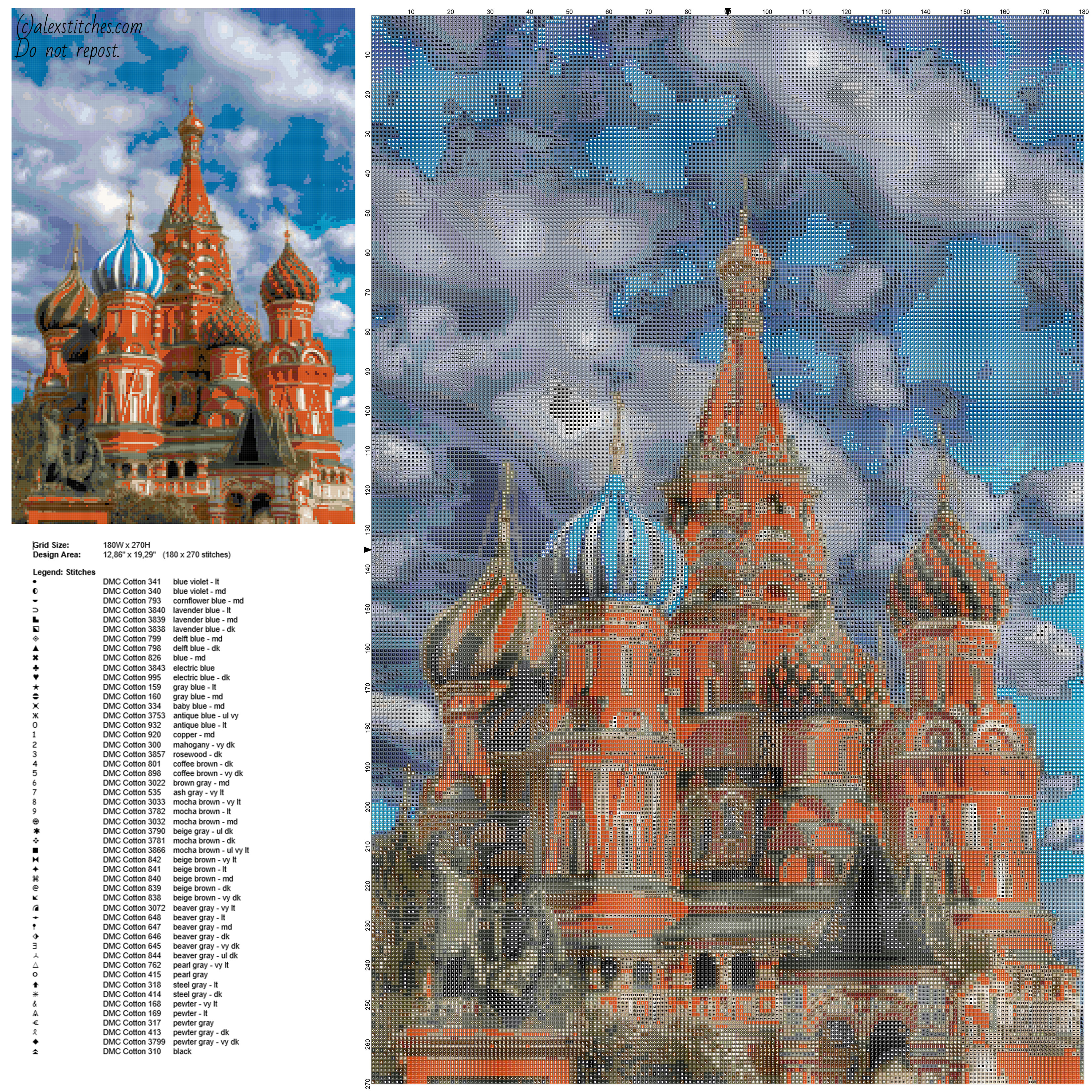 St_ Basil’ s Cathedral Moscow Russia famous place free cross stitch pattern made with PcStitch size 180 x 270 stitches