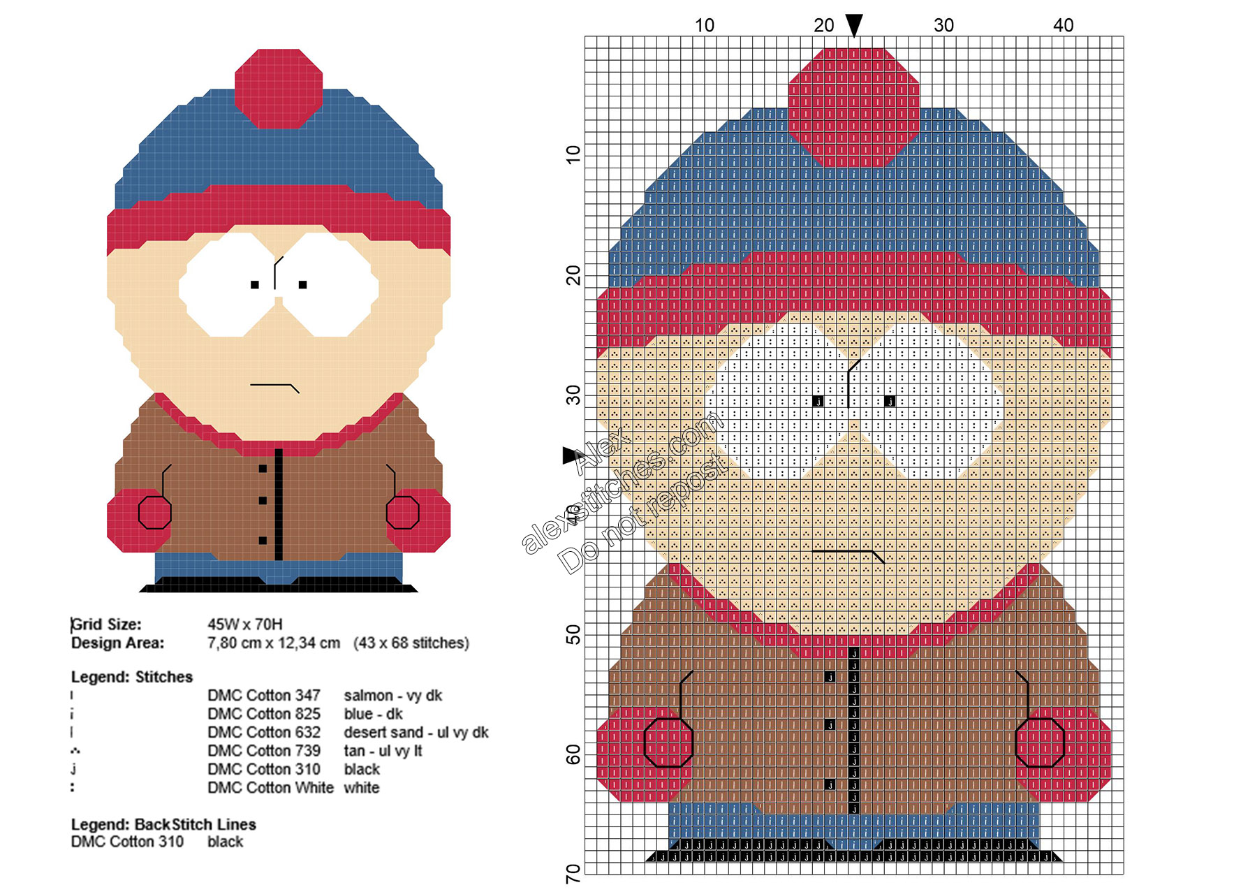 Stan South Park character free cross stitch pattern 43x68