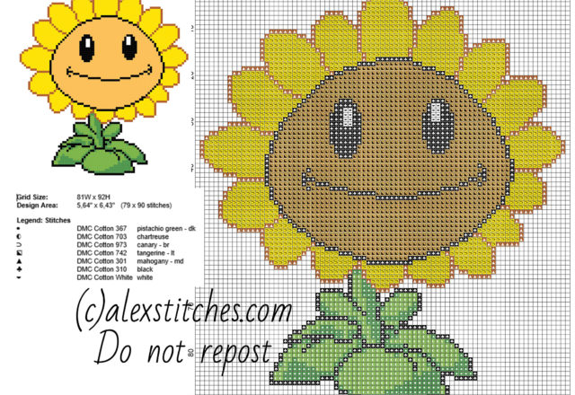 Sunflower Plants vs Zombies videogame free cross stitch pattern