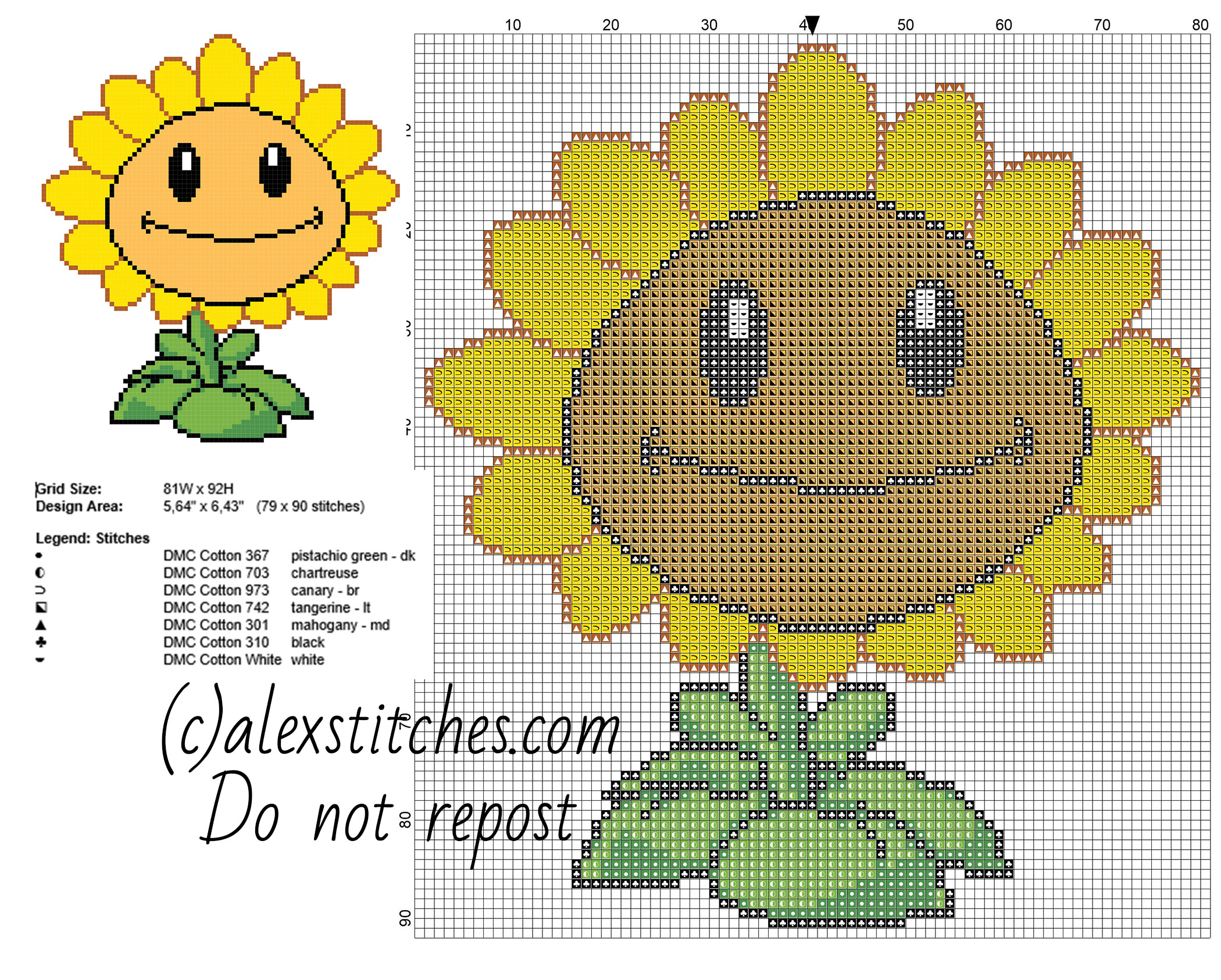 Sunflower Plants vs Zombies videogame free cross stitch pattern