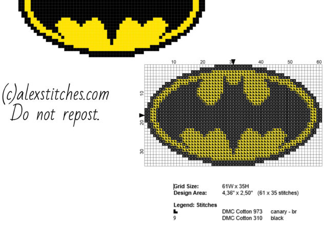 Superhero Batman original logo free cross stitch pattern size 61 x 35 stitches 2 DMC threads colors