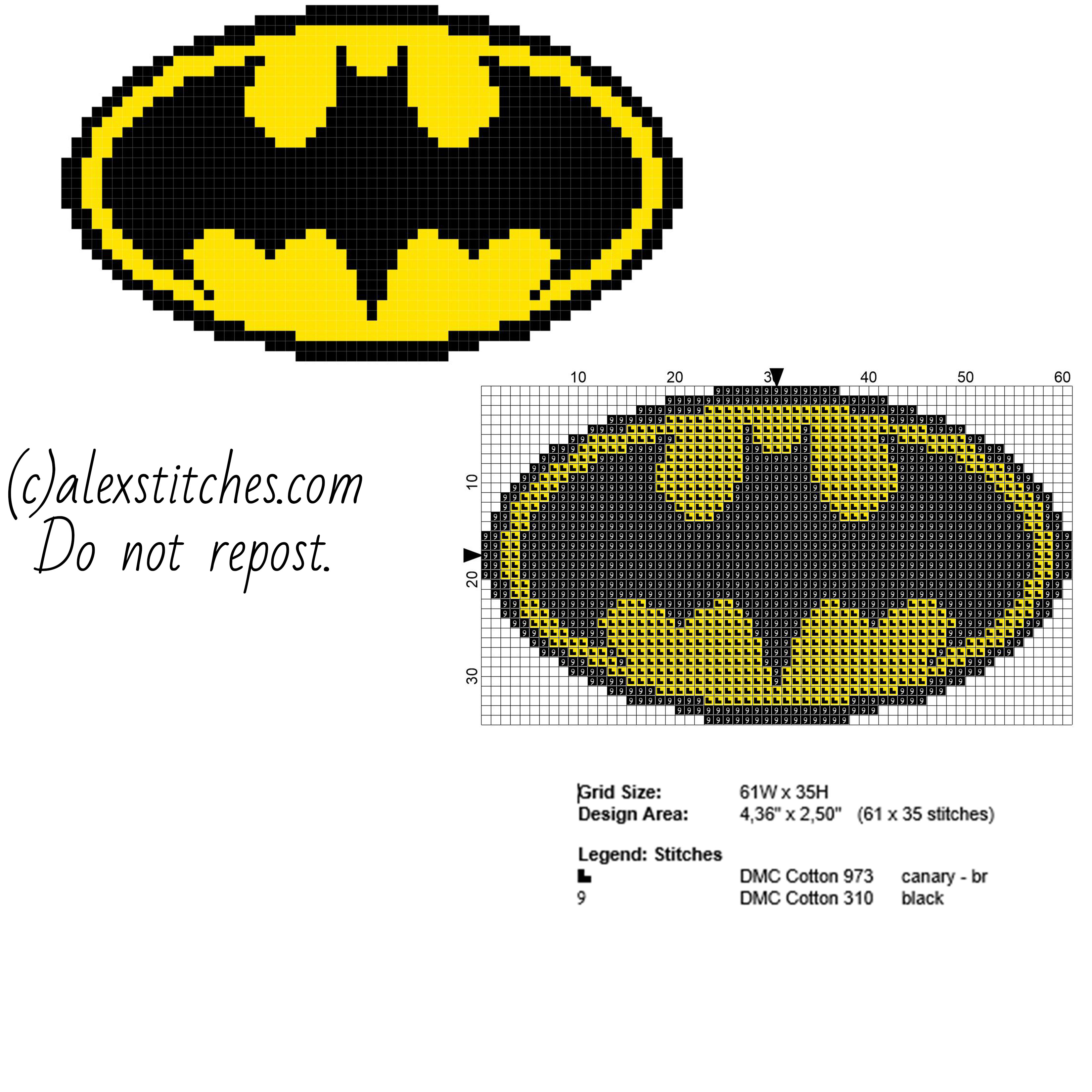 Superhero Batman original logo free cross stitch pattern size 61 x 35 stitches 2 DMC threads colors