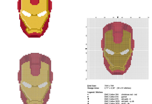 Superhero Ironman face free and small cross stitch pattern 38 x 61 stitches 7 DMC threads